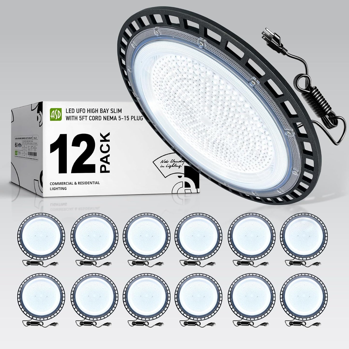 ASD LED High Bay UFO Light Fixture, Commercial Shop Lighting | Plug & Play Cable, IP65 Waterproof, ETL Listed | 200W 23900LM 5000K 100-277V | Warehouse, Garage, Workshop, Barn Lamp | Black, 12 Pack