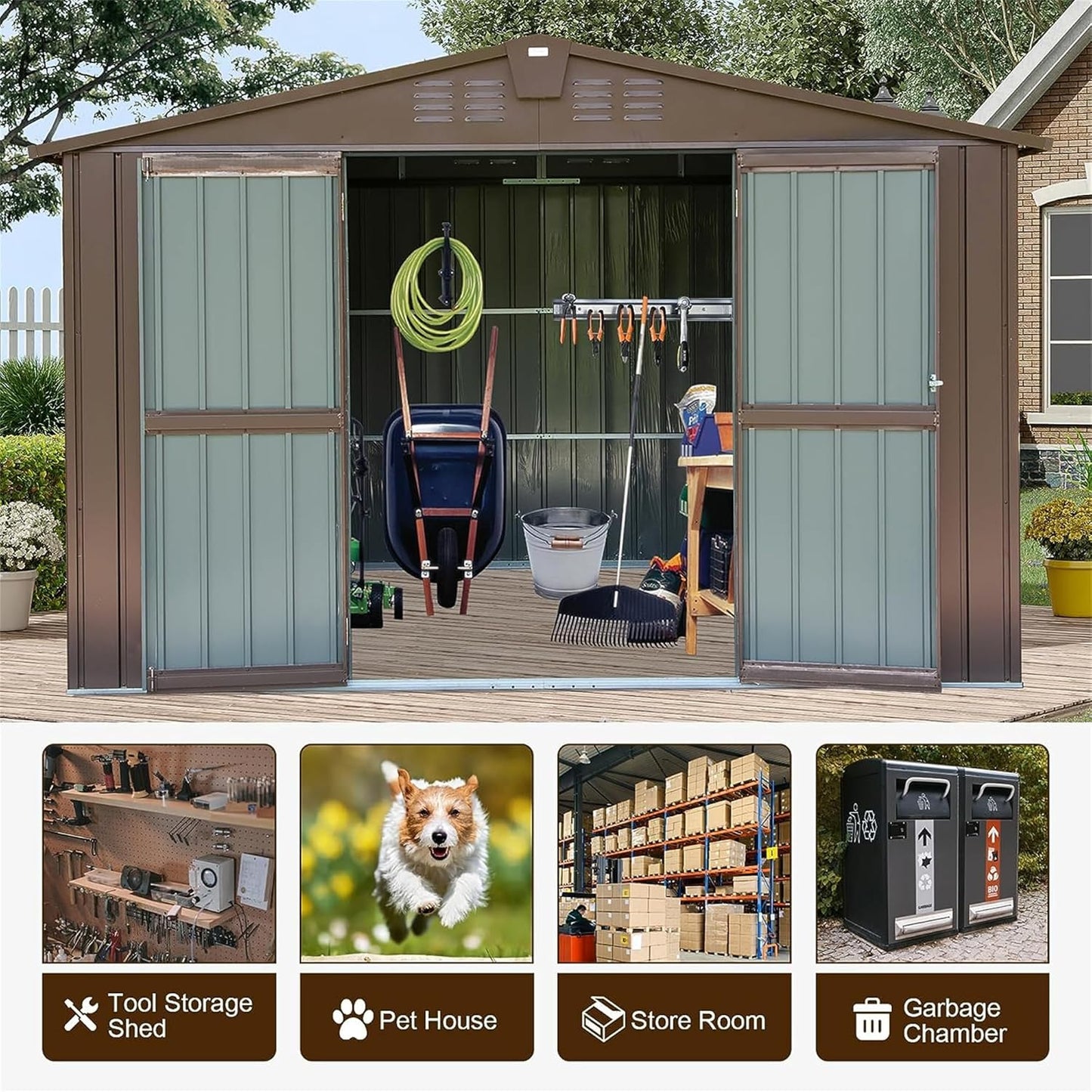 IKERY Metal Storage Shed - 10' x 8' with Double Lockable Doors, Large Garden and Backyard Tool Shed for Bikes, Weather - Resistant, Brown