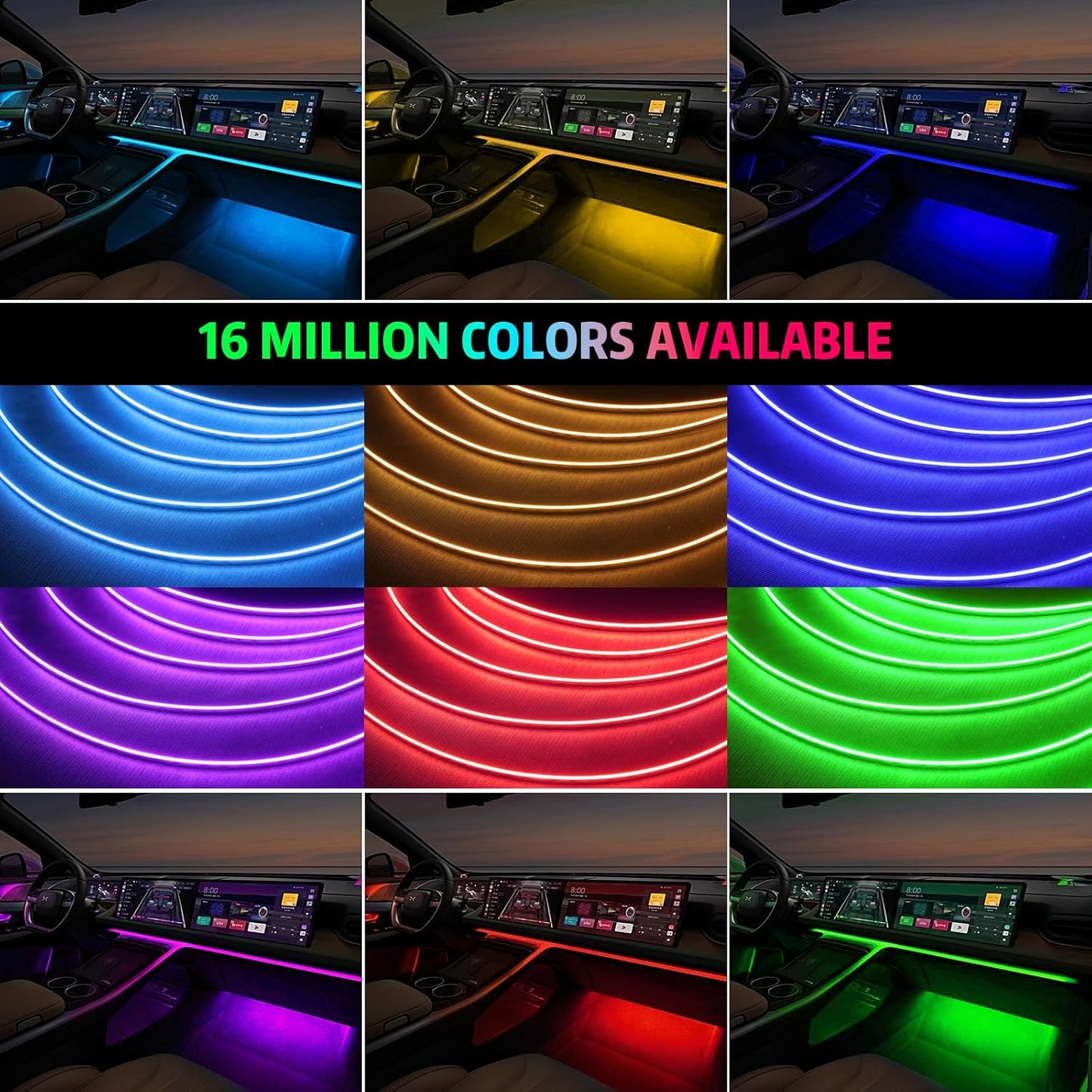 Acrylic Interior Car LED Strip Light with Wireless APP, RGB 6 in 1 & 175 inches 593 LEDs,Car Ambient Lighting Kits Sound Active Function Music Sync LED Strip for Car Accessories