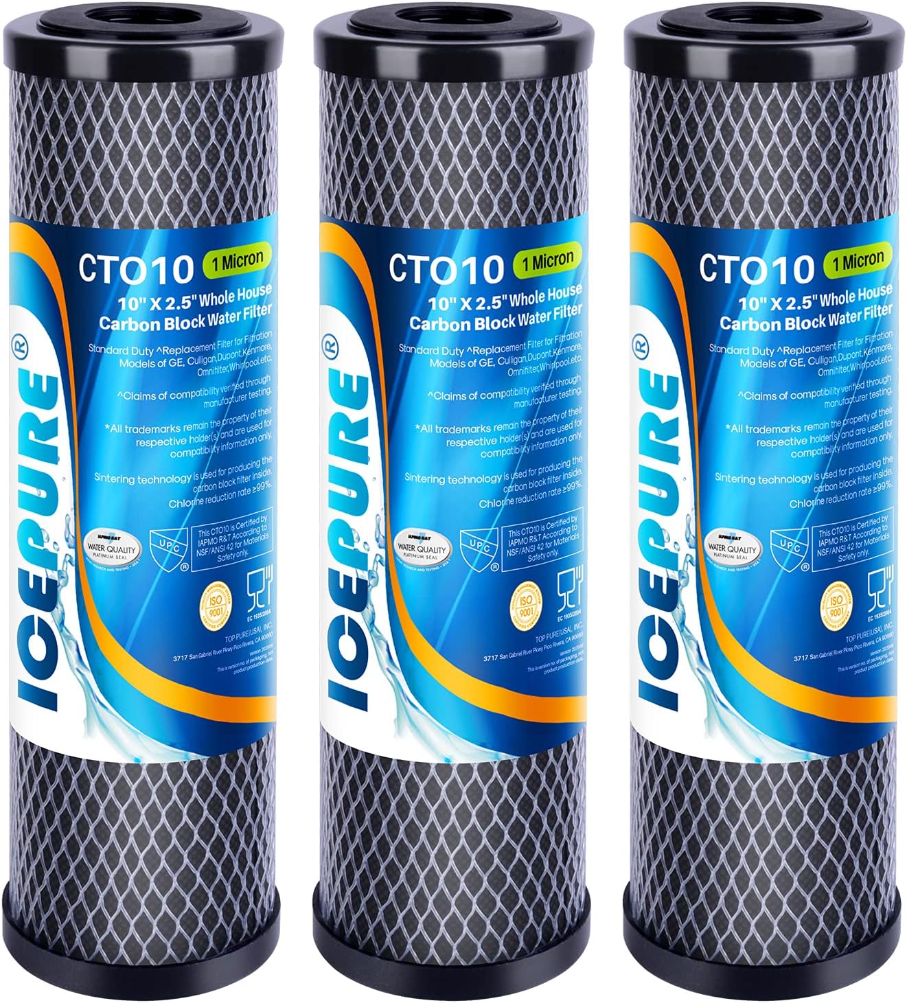 ICEPURE 1 Micron 2.5" x 10" Whole House CTO Carbon Sediment Water Filter Cartridge Compatible with DuPont WFPFC8002, WFPFC9001, SCWH-5, WHCF-WHWC, WHCF-WHWC, FXWTC, CBC-10, RO Unit, Pack of 3