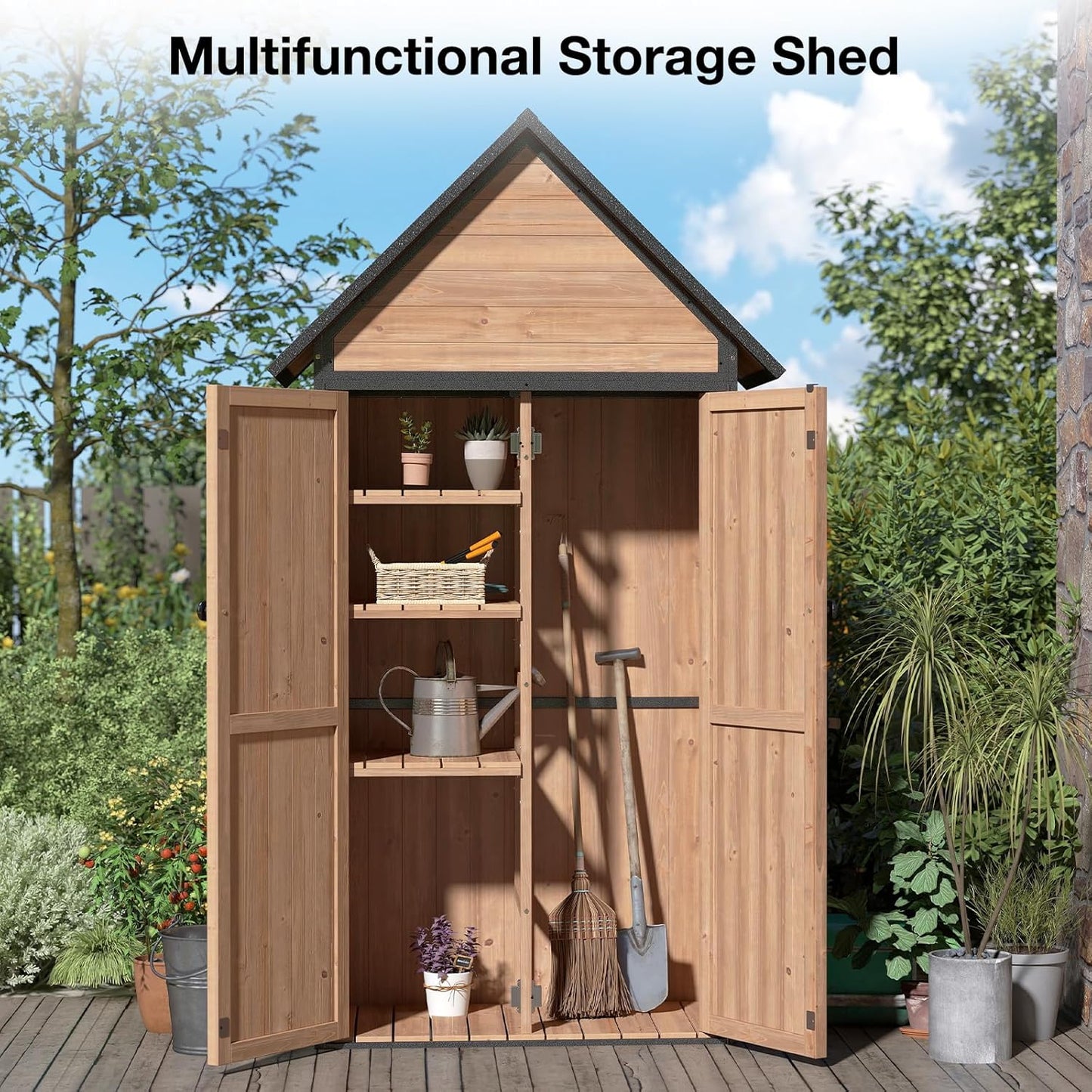 Outdoor Storage Shed with Sloped Roof - Heavy-Duty Metal & Wood Garden Cabinet, Adjustable Shelves, Large Capacity Waterproof Design for Patio, Garage, Backyard (Brown)