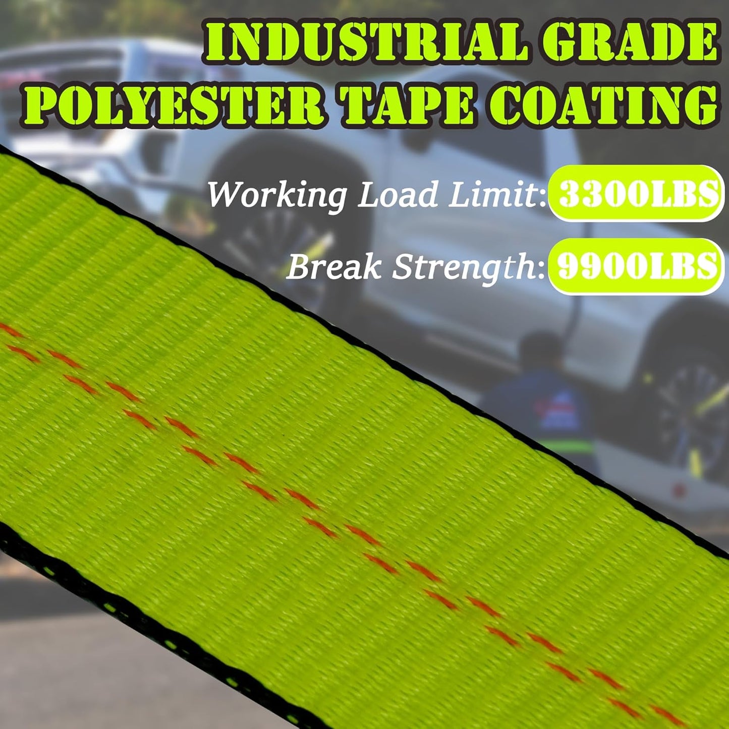 4 Pack Car Tie Down Straps for Trailers - 2" x 96" - 3,300 lbs Safe Working Load -Adjustable Wheel Straps for Hauling Cars.Green