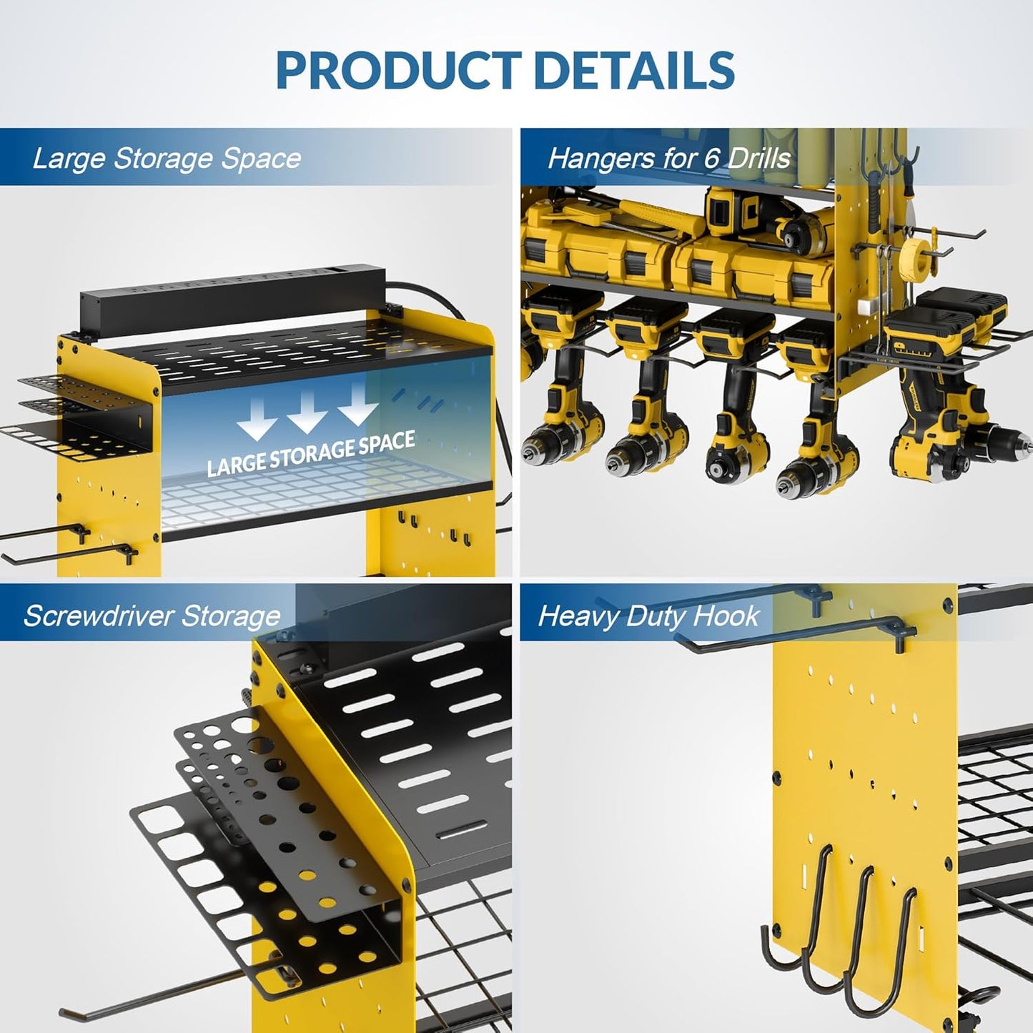 Power Tool Organizer with Charging Station, 4 Layers Garage Storage Rack with 6 Drill Holders, Father's Days Gift For Dad, Wall Mount Garage Organizer Built in 8 Outlets Power Strip, Yellow