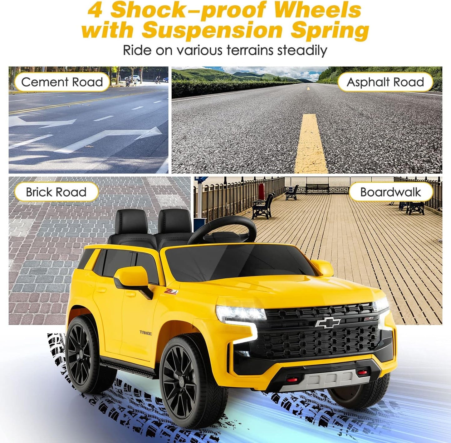 HONEY JOY Ride On Truck, 12V Licensed Chevrolet Tahoe, Chevy Electric Vehicle for Kids, Soft Start, Music, Lights, Battery Powered Ride On Car Toy with Remote Control, Gift for Boys Girls (Yellow)