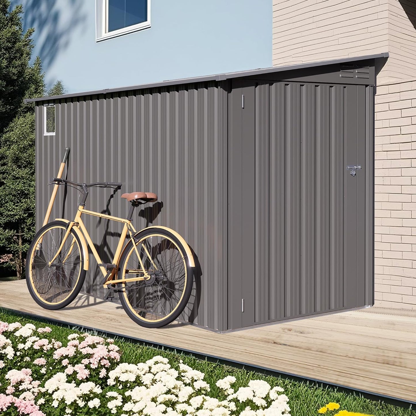 4x9 FT Outdoor Metal Storage Shed with Sloping Roof, 2 Vents and 1 Side Door, Weather-Resistant Galvanized Steel Garden Tool House for Backyard, Patio, Lawn, Garage
