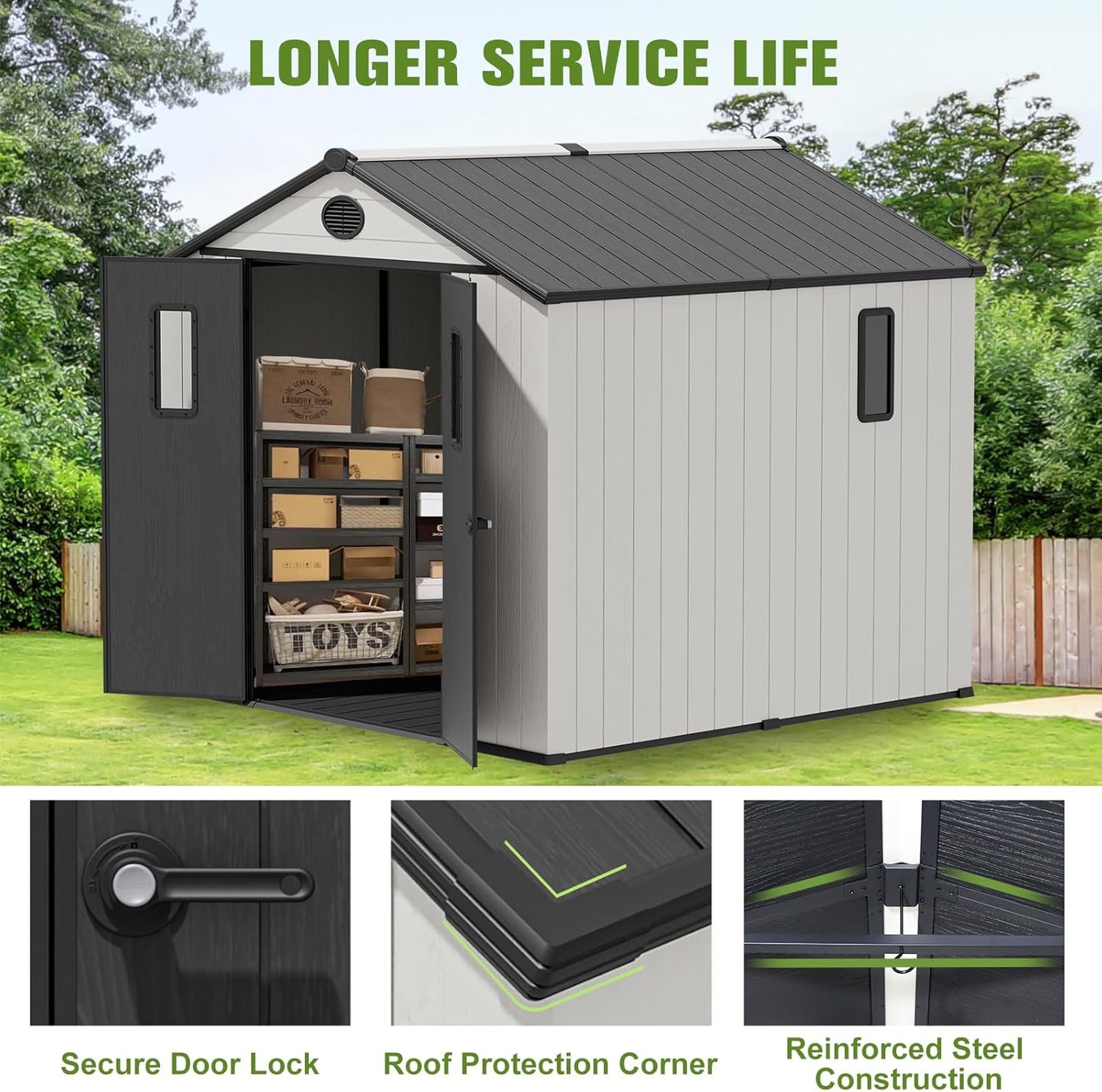 COOS BAY Resin Outdoor Storage Shed with Lockable Double Doors, Heavy-Duty Floor, All-Weather Garden Shed for Tools & Equipment, 8x8 ft, White/Gray