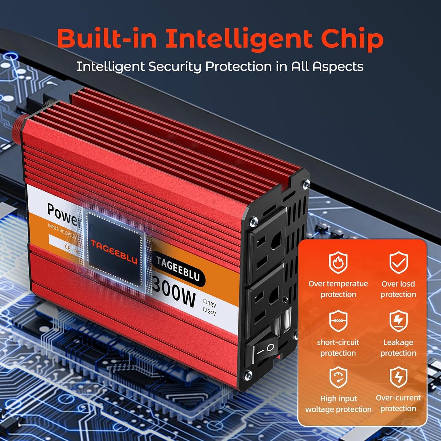 300W Power Inverter DC 12V to 110V AC Car Inverter with 4.2A Dual USB(18W) Charging Ports, Dual AC Adapter for Laptops