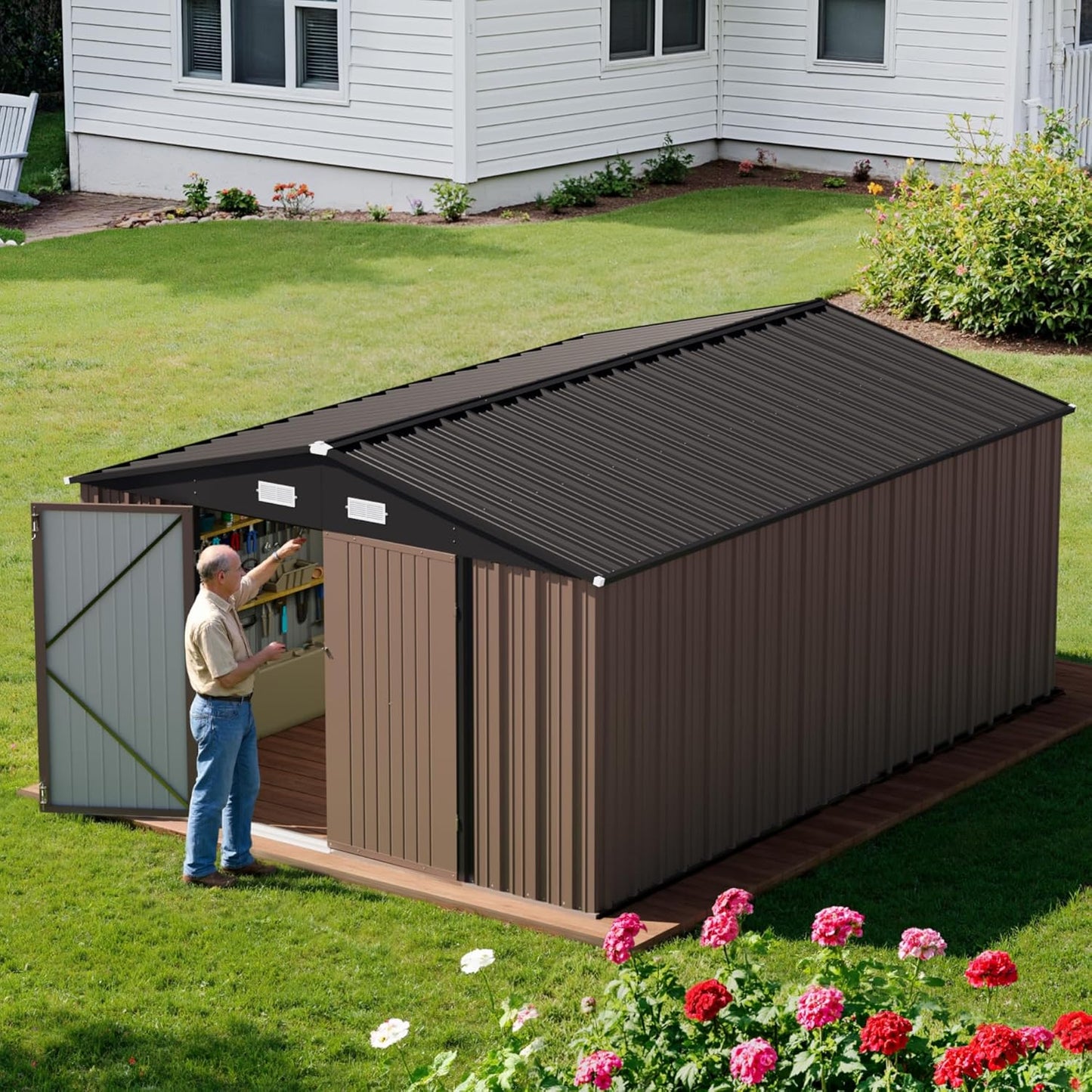 Greesum 10×14 FT Outdoor Storage Shed, Metal Storaged Sheds Without Floor, Tool Sheds with Lockable Doors and Sloping Roof for Garden, Patio, Backyard, Brown