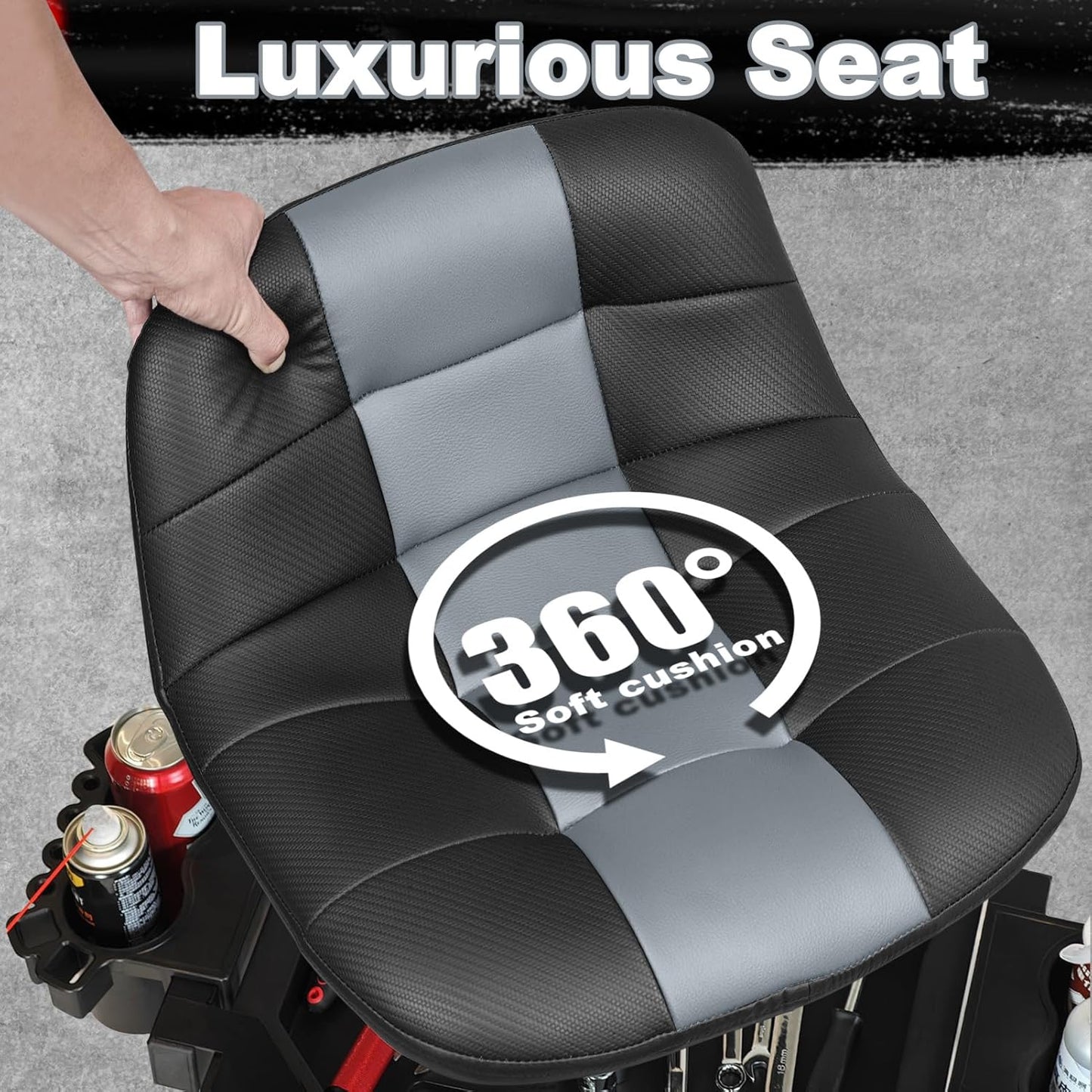 Rolling Stool with Wheels, Adjustable Height Pneumatic Garage Work Mechanic Stool Seat with Backrest, 400 LBS Capacity 360° Swivel Mechanic Crepper Chair with Tool Tray Storage, Gray