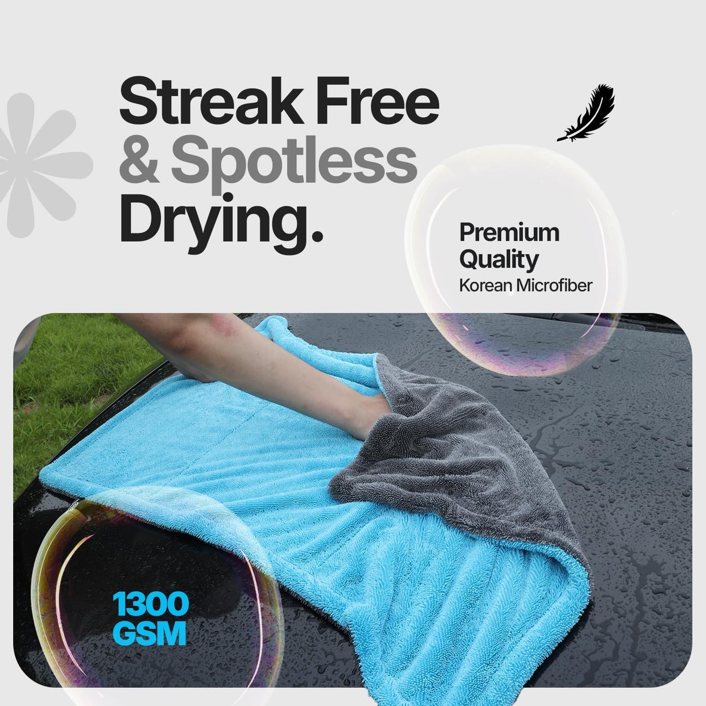 Microfiber towels for cars - 1300GSM X Large size Double twisted loop 2pcs - 70/30 Blend Quick Dry High absorbent Edgeless Streak free - Car drying towel for detailing 24x36″ & 12x12 (Grey+ Aqua Blue)