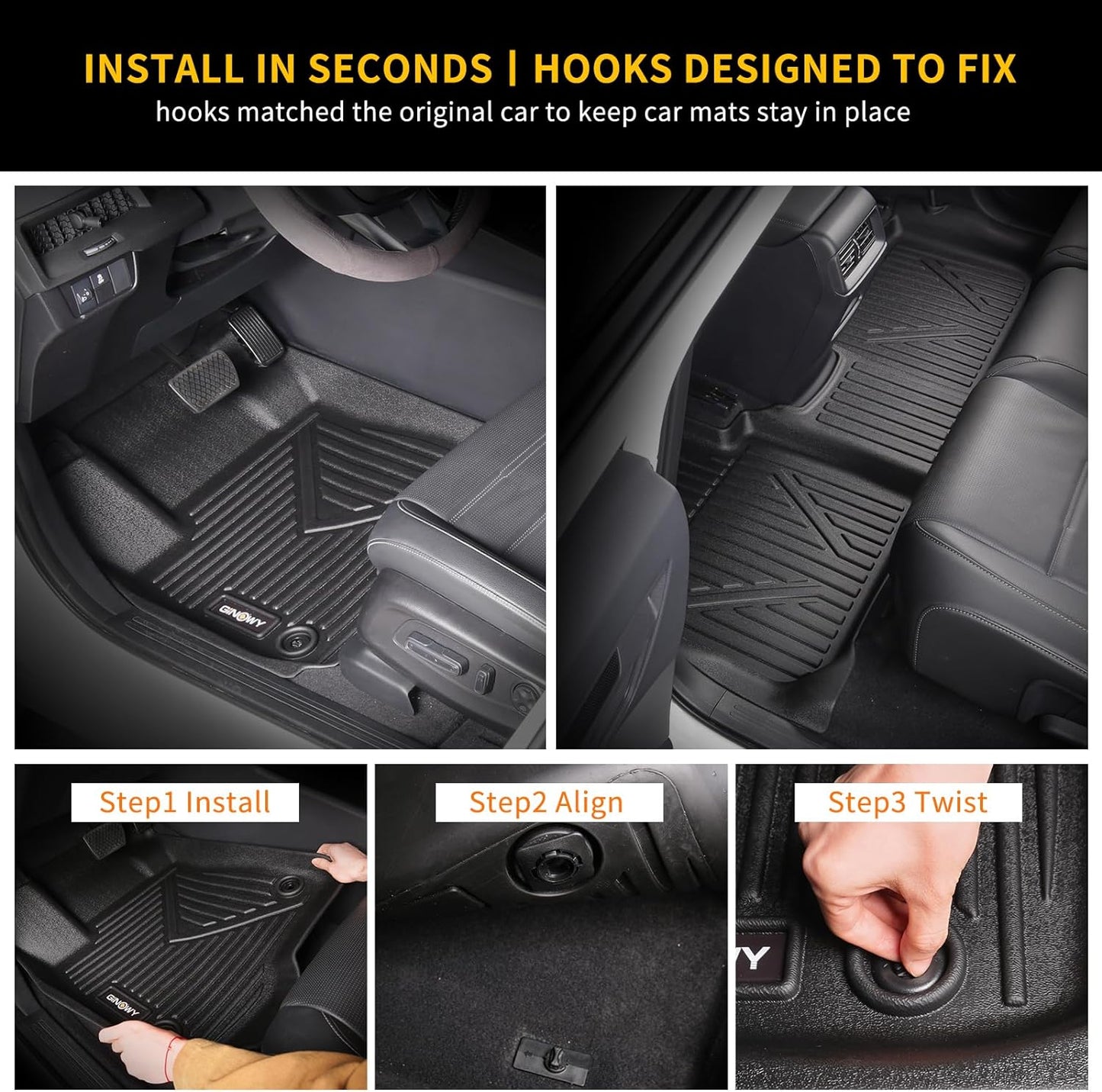 GINOWY- Floor Mats & Cargo Liner for Kia Seltos 2024 2025 2026, TPE All Weather Protection Seltos Car Mats 2024, Custom Seltos Floor Liners Non-Slip Trunk Mat, Waterproof Accessories Black