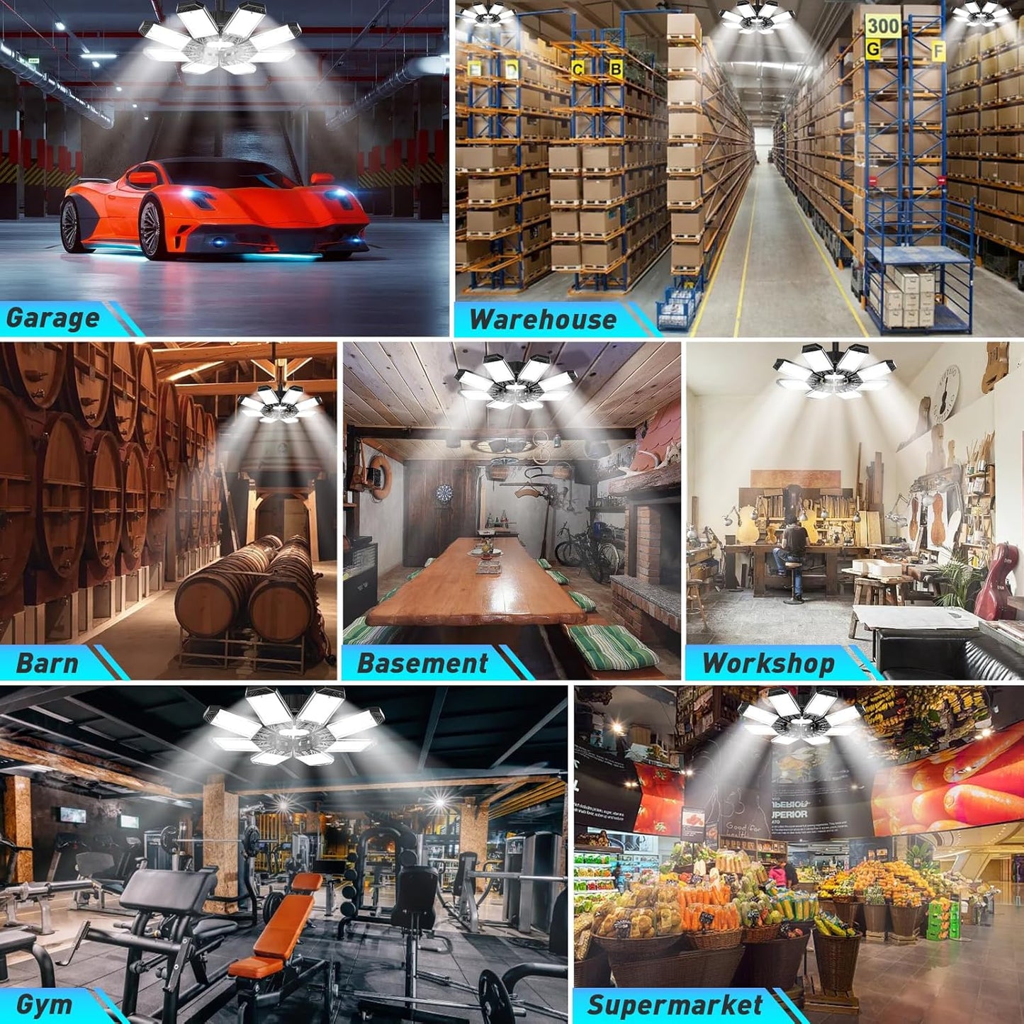 ISKYDRAW LED Garage Lights 2 Pack, 260W 26000LM Bright Shop Light with 8+1 Deformable Panels, 6500K Garage Ceiling Light Screw Into E26 E27 Bulb Socket Bay Lighting for Workshop Basement Barn Attic