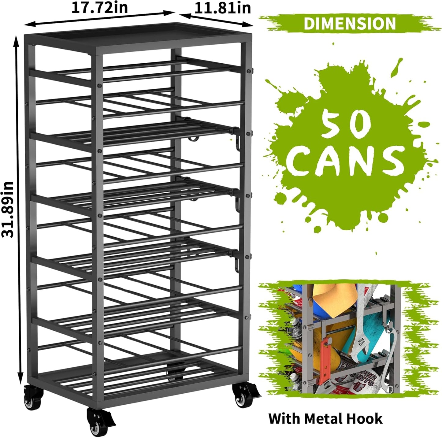50 Spray Paint Storage Holder, Rolling Spray Can Storage Rack, Heavy Duty Paint Aerosol Can Organizer, Lube Can Holder Cart, Lube Bottle Organizer Rack for Garage,Shop, Craft Workroom