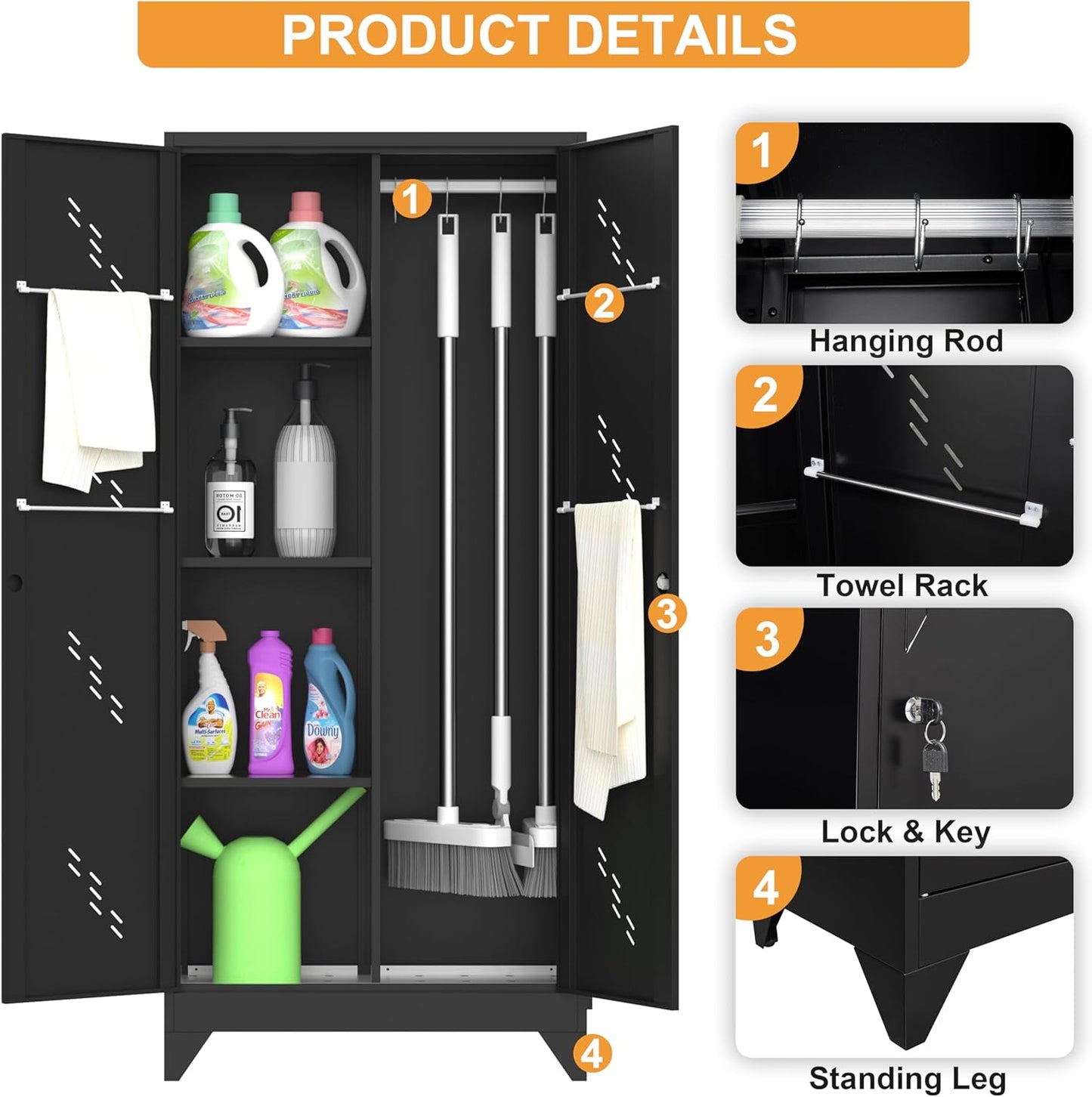71" Metal Garage Tools Storage Cabinet with Doors and Shelves, Broom Tool Storage Filing Cabinets with Lock, Black Cleaning Supplies Organization Cabinet with Hanging Rod