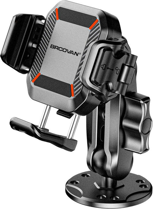 BRCOVAN Anti-Theft Phone Mount Holder with Vibration Dampener [Camera Friendly] [1s Lock & Release] with Aluminum Round Base & Medium Arm, for Car Boat Truck Motorcycle UTV, Fit 5.4-7.2'' Smartphones