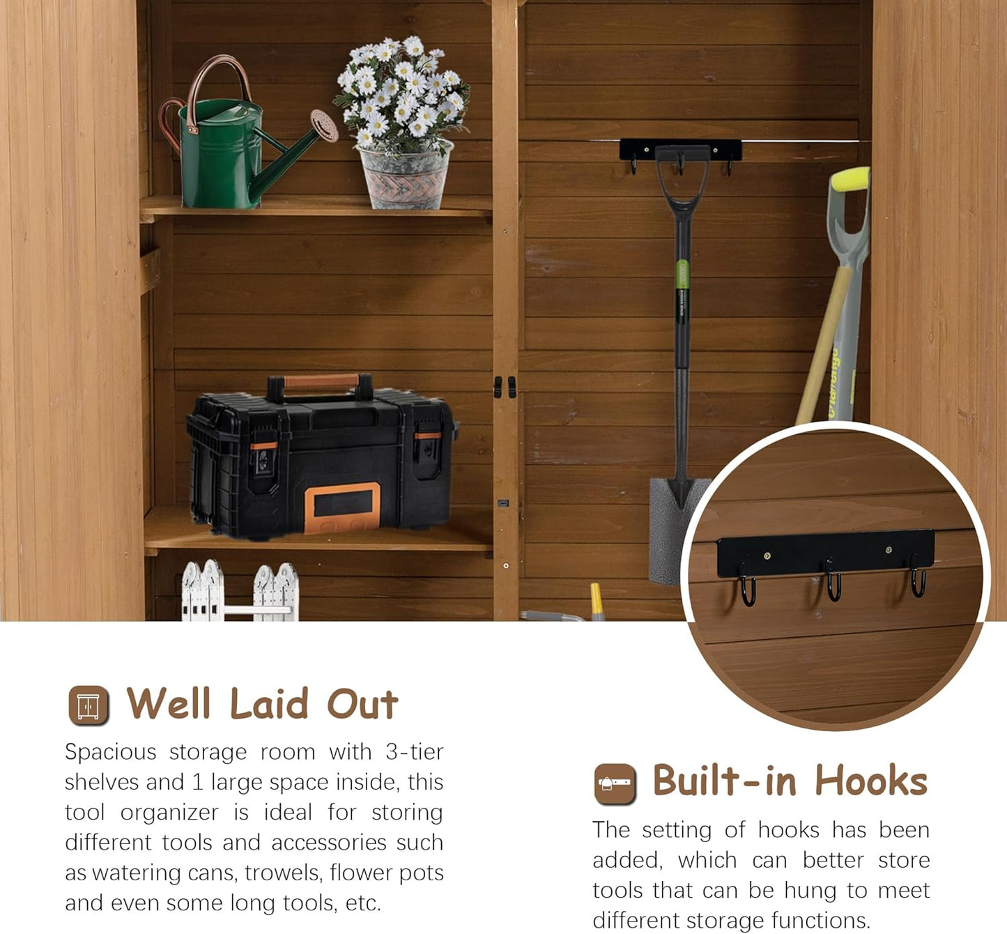 56" L x 19.5" W x 64" H Tall Outdoor Wooden Storage Shed with Lockable Doors, Waterproof Asphalt Roof, Removable Shelves for Garden Tools,Yellow Brown