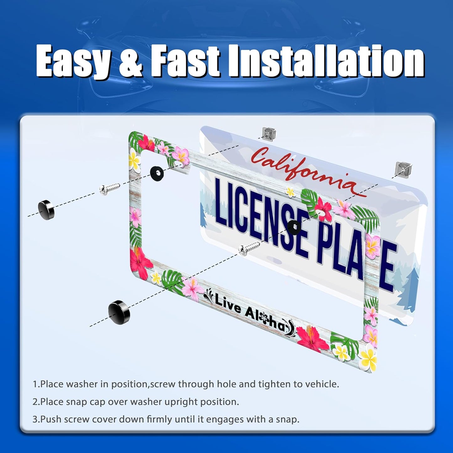 Aloha License Plate Frame Beautiful Hibiscus Flower License Plate Stainless Steel Funny License Plate Holder Hawaii Car Accessories Decoration with Screws Fits Standard Vehicles Size 12.3" x 6.3"