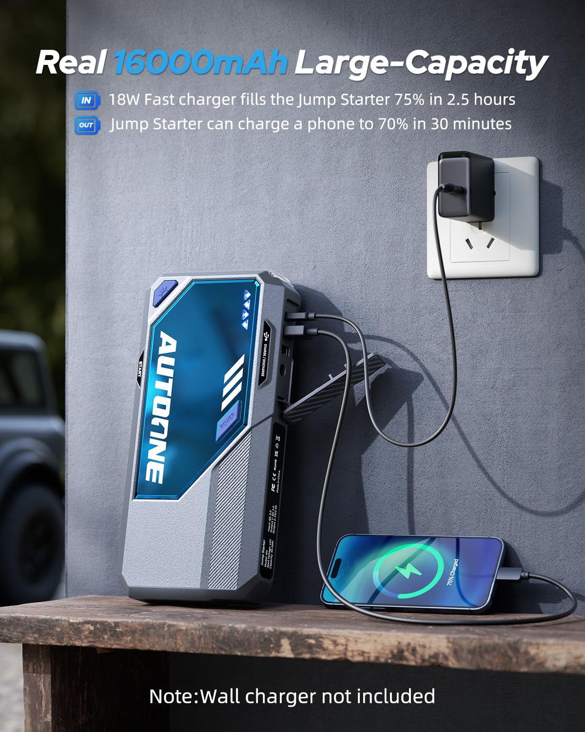 AUTOONE M4 Jump Starter 7500A Car Jumper Starter Portable, 12V Battery Jump Starter (All Gas/12L Diesel) Jump Box for Car Battery with Built-in Booster, Storage Case, LED Light, Jumper Cables