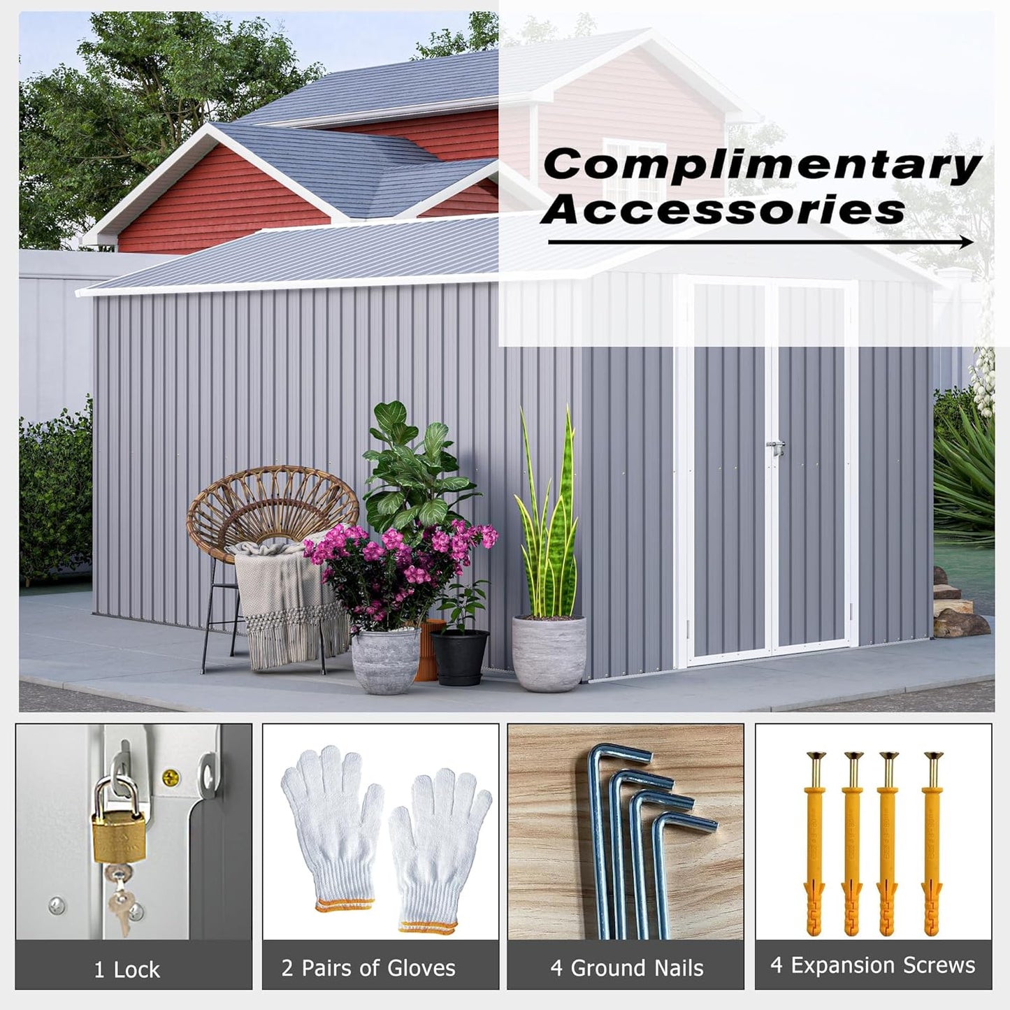 8×12 Ft Outdoor Storage Shed with Double Doors, Metal Shed with Frame Floor and Lockable Doors for Patio, Garden and Backyard