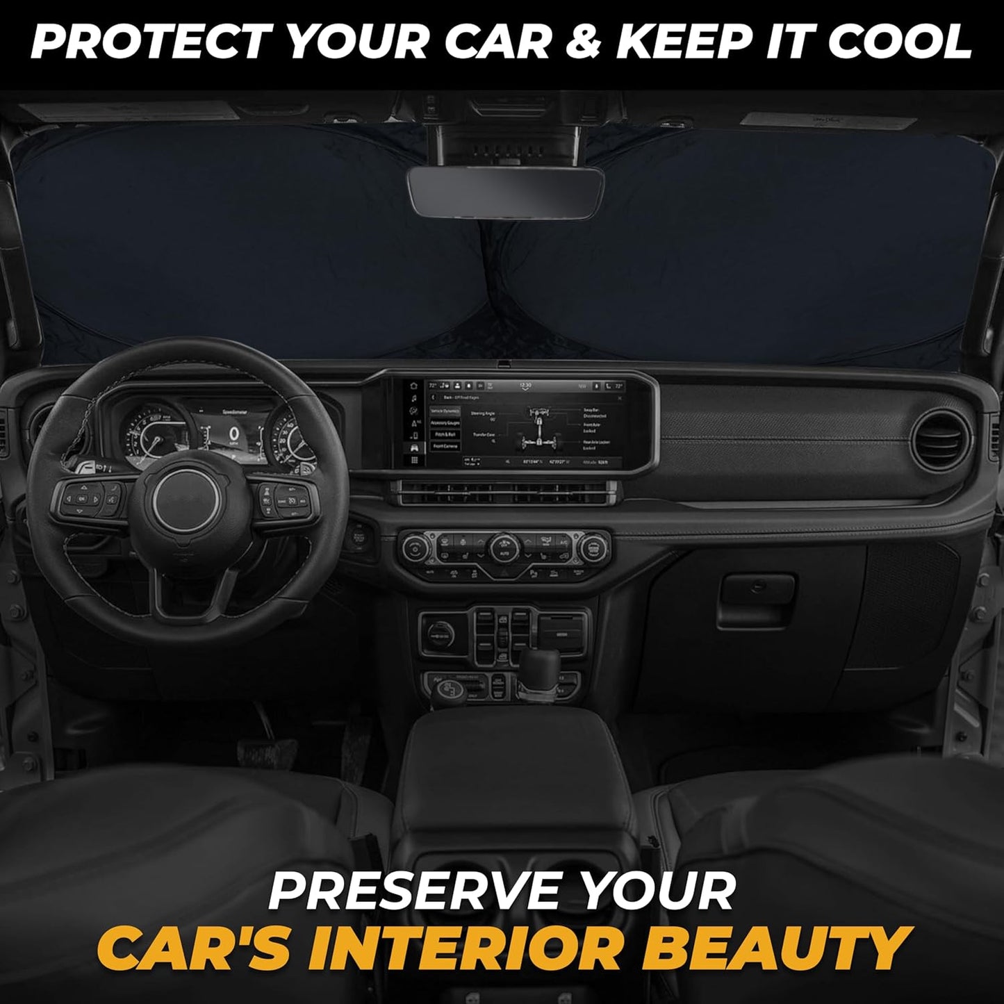 Jeep Windshield Sunshade | Protects Sun Visor from UV and Heat Protection | Fits for Wrangler, Gladiator, and Rubicon Models | Keeps Your Car Cool and Comfort | X-Small (60" x 21")