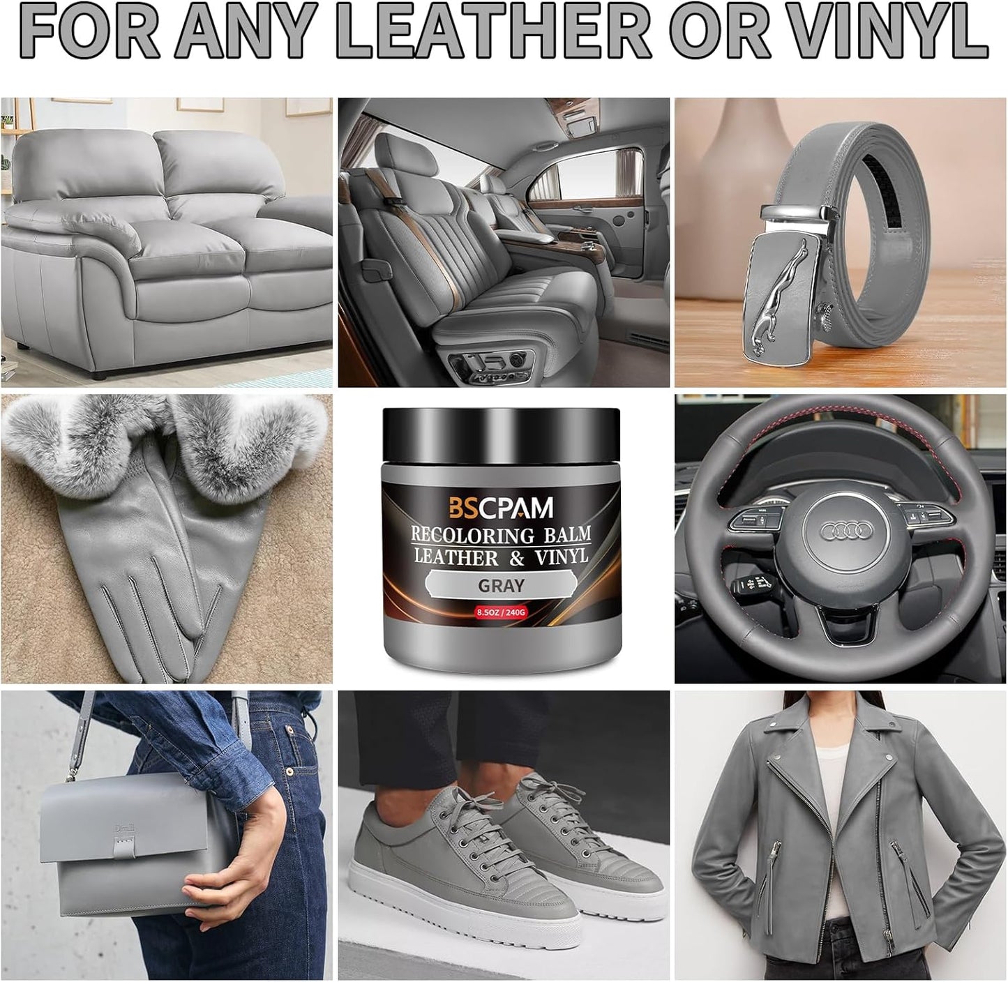 Gray Leather Recoloring Balm,Leather Couch Scratch/Stain Remover,Leather Repair kit for Vinyl Furniture and Car Interior,Leather Dye Paint for Scratched and Faded Leather Couches