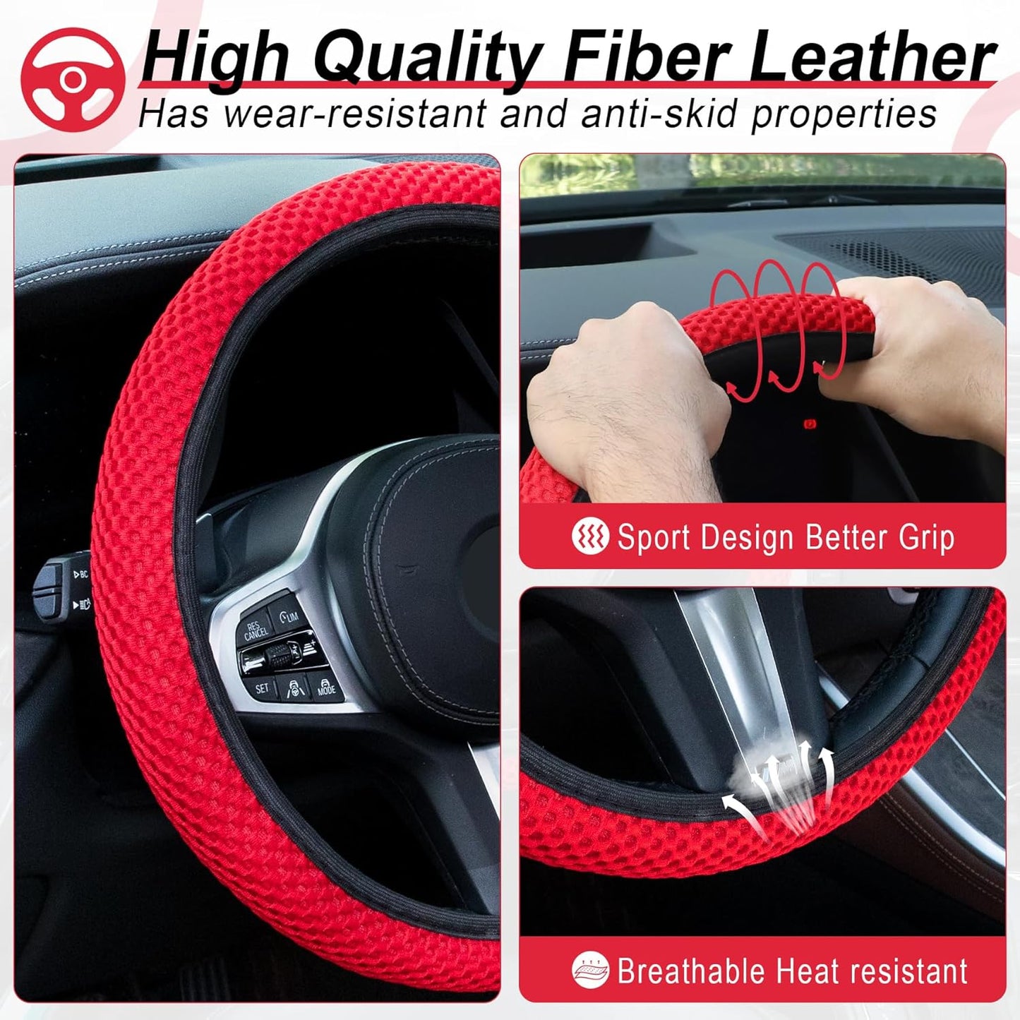 alpmosn Elastic Stretch Steering Wheel Cover, Universal Interior Accessories Steering Wheel Cover for Women & Men, Breathable Microfiber Ice Silk, Anti-Slip, Odorless, Easy Carry(Red)