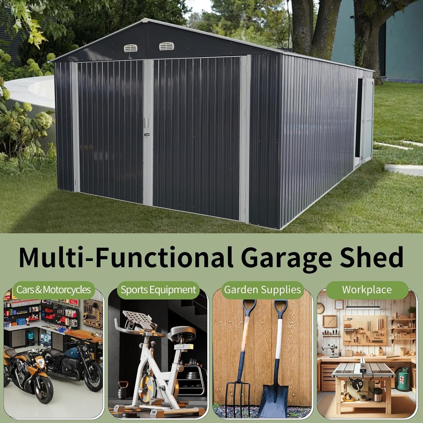 LANTRO JS Sheds & Outdoor Storage, 13x20ft Large Outdoor Metal Garage Shed, Heavy Duty Metal Shed with 2 Doors and 4 Vents Without Floor