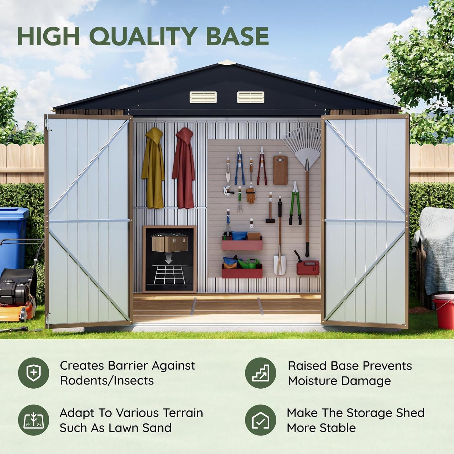 10x12 FT Outdoor Metal Storage Shed with Floor Frame, Double Swing Doors, 2 Clear Windows, Replaceable Skylight Roof Panel, Tool Shed for Garden, Patio, Backyard Brown