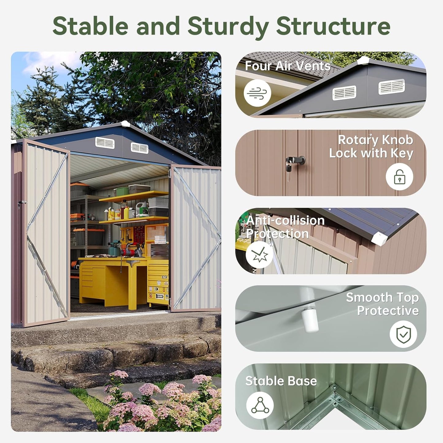 Aoxun 8 x 15FT Outdoor Storage Shed with Double Hinged Large Door Utility Garden Shed with Lockable Door & Sloped Roof Metal Sheds Outdoor Storage for Garden, Backyard, Patio and Backyard, Brown