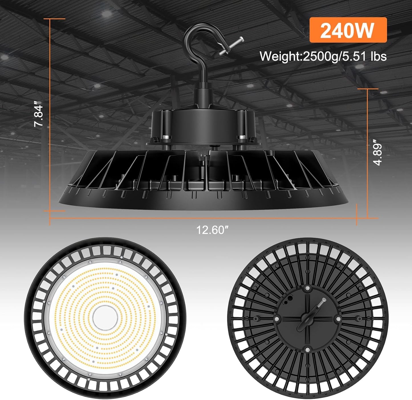LED High Bay Lights, Super Bright 240W UFO High Bay LED Shop Lights, 36000LM 5000K, 0-10V Dimmable, 5' Cable Plug, IP65 Waterproof, ETL Listed Plug & Play Lighting High Bay for Gym Factory Warehouse