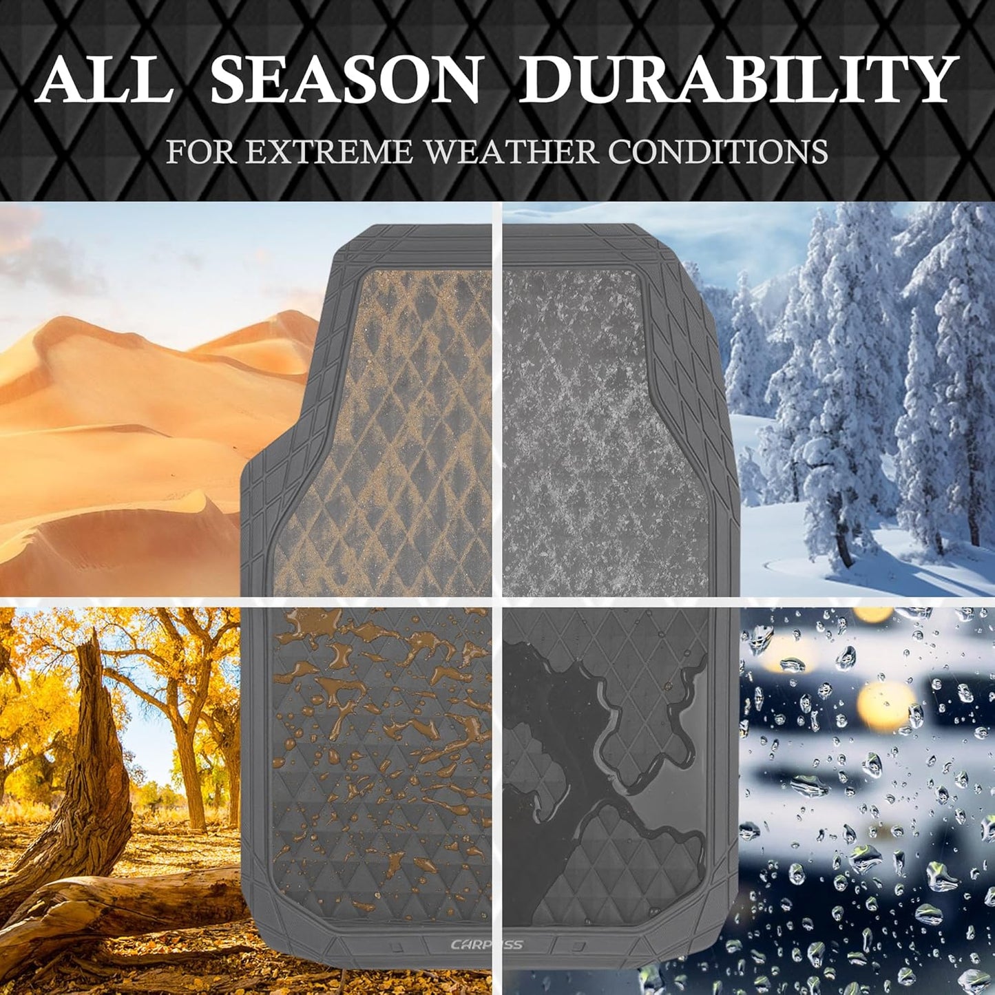 CAR PASS Gray Rubber Car Floor Mats & Cargo Liners, Durable Anti-Slip 3D Rhombus Waterproof Automotive Pad Trim Fit Liner All-Weather Trunk Mats Full Set Universal Fit Auto Van Sedan SUV Truck Gray