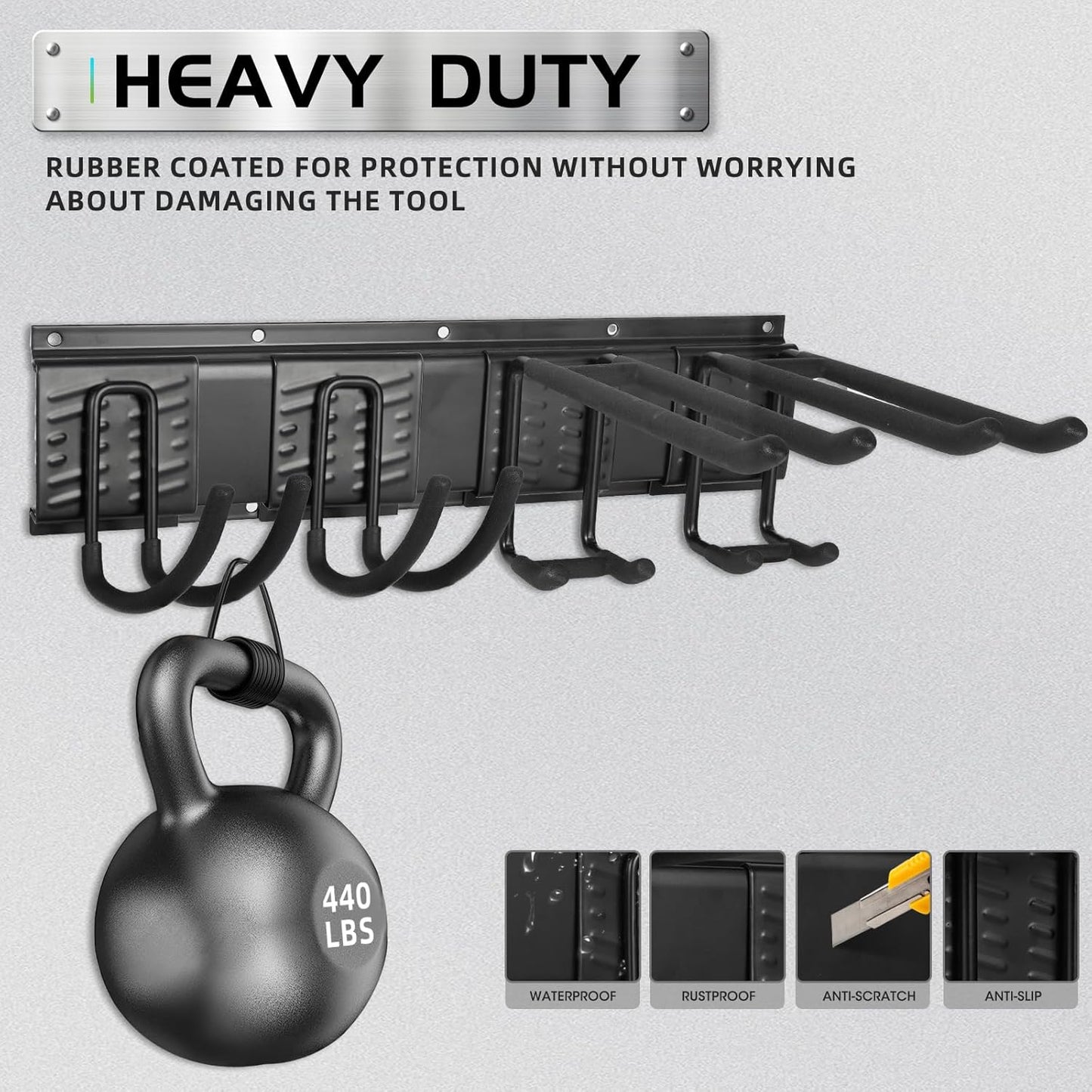 Garage Tool Organizer Wall Mount, Heavy Duty Garage Organization Tool Storage Utility Rack, Sturdy Storage Rack Hanger with Adjustable Hooks, Garden Tool Organizer for Shovel, Rake, Folding Chair