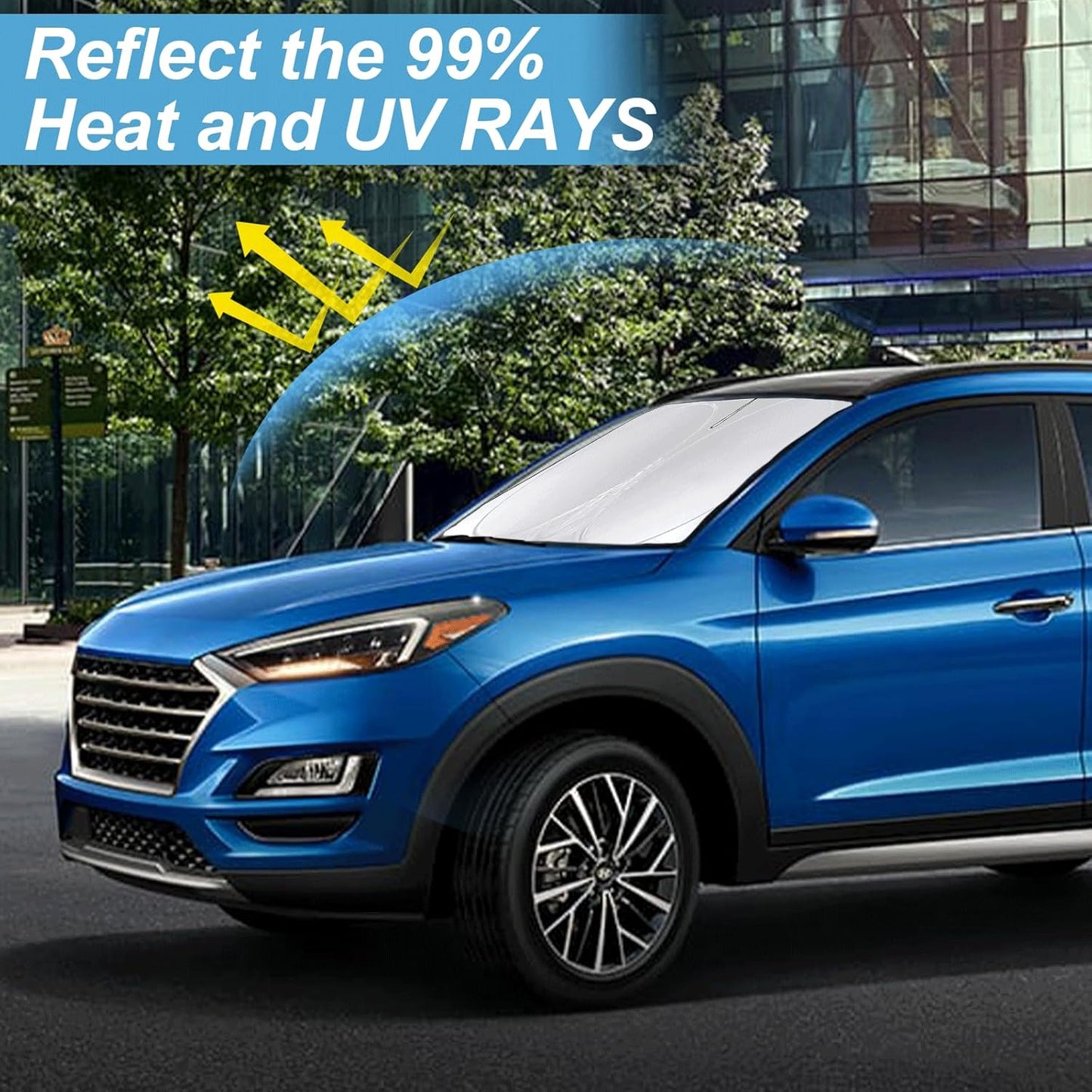 Custom Fit Tucson Windshield Sunshade for Hyundai Tucson 2016 2017 2018 2019 2020 2021 Front Window Shades Cover for Windshield Sun Visor Protector 210T Reflector Blocks UV Rays Cooler Car Accessories