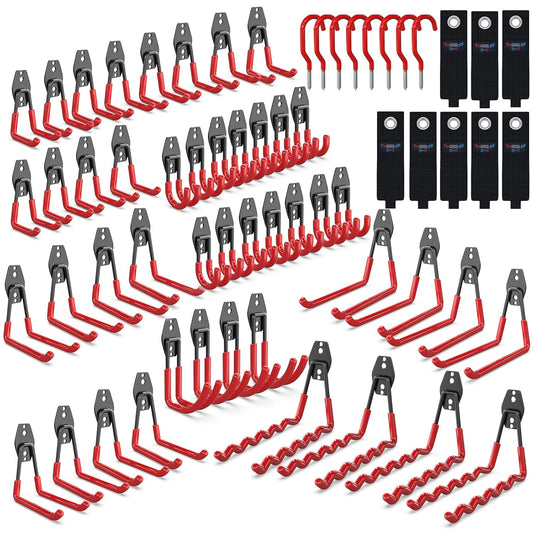 3-H Garage Wall Hooks 62 Pack, Heavy Duty Garage Hooks with Extra Welding Spots, Wall Mount Storage Organizer for Hanging Garden Lawn Tools, Ladder, Bike, WeedEater, Chair, Shovel, Blower (Red)