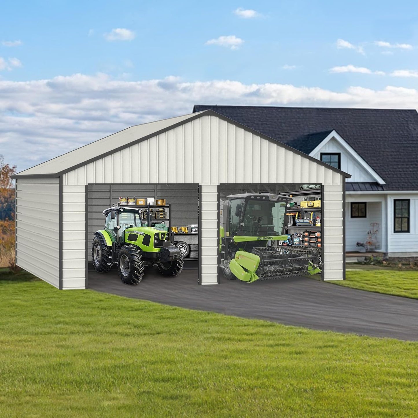 23 x 22 Metal Shed, Metal Garage Building with Side Entry Door, Prefab Double Garage Shed, Large Sheds & Outdoor Storage, Car Shed for Truck, Tool, Lawnmower, Cream