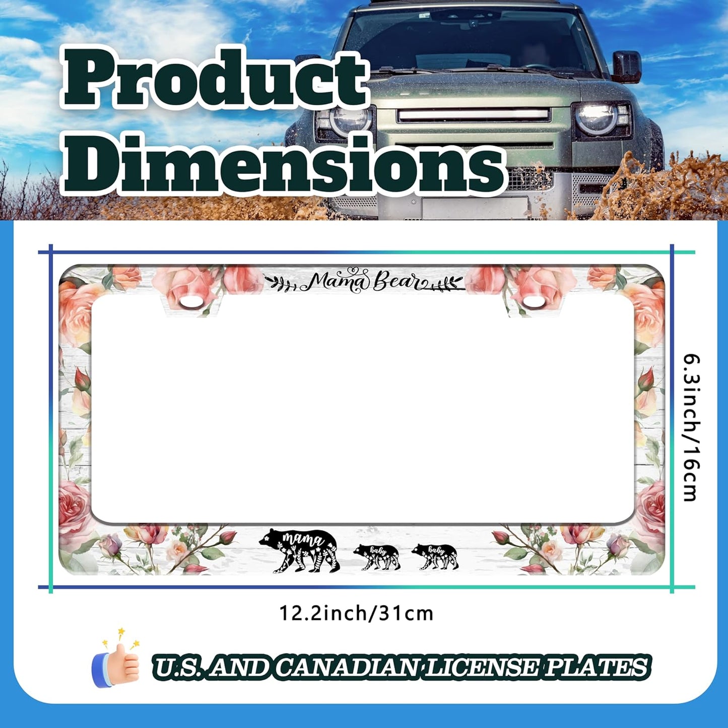 Mama Bear License Plate Frame Beautiful Flowers for Front or Rear Car Tags Stainless Steel License Plate Holder Funny Car Decoration with Screws 6.3 X 12.2 in