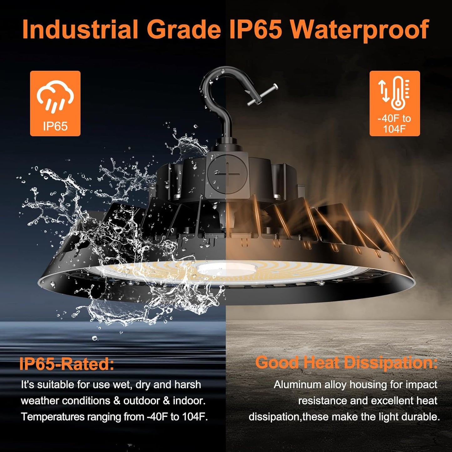 LED High Bay Lights, 300W UFO High Bay LED Shop Lights, 45000LM Adjustable CCT(5700K 5000K 4500K) & Power(300W 240W 200W), 0-10V Dimmable, 5' Cable Plug, IP65 Waterproof, ETL & DLC Listed High Bay