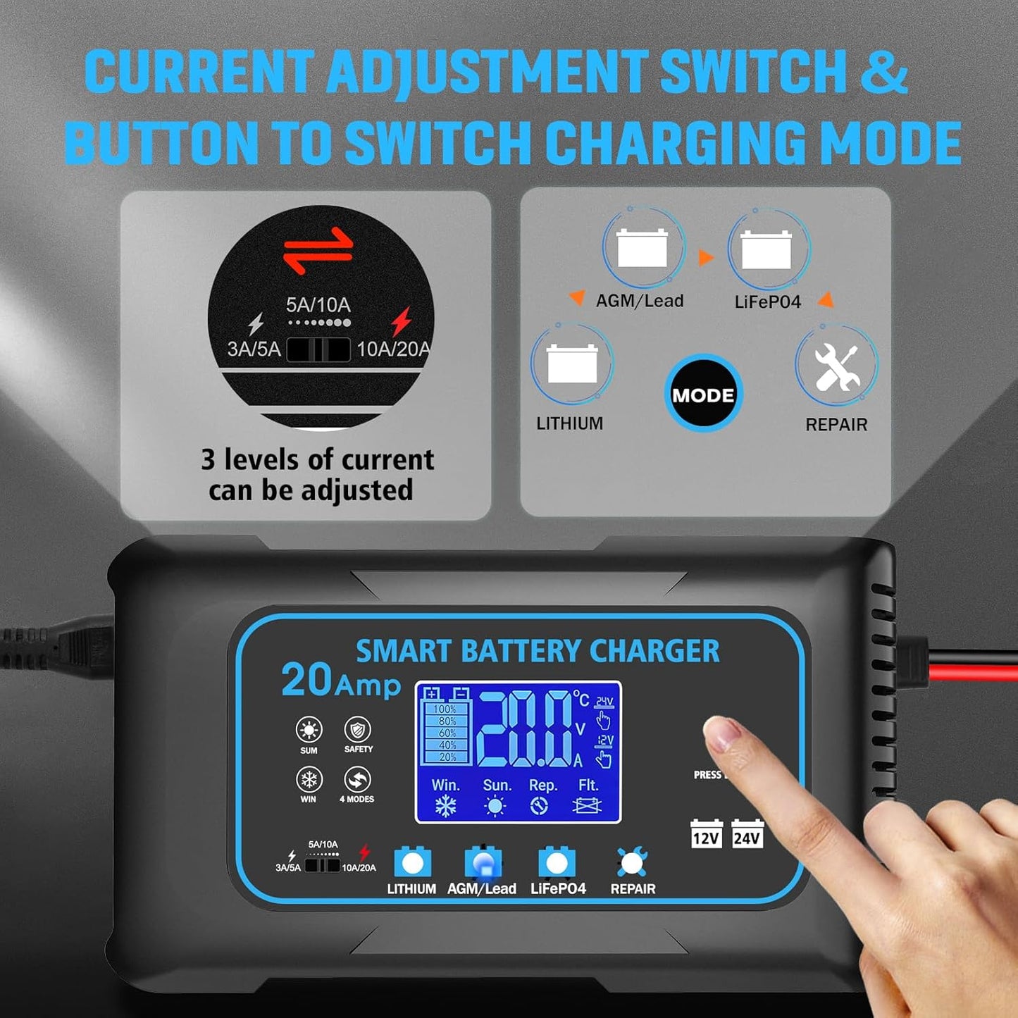 20-AMP Car Battery Charger, 12V 20A and 24V 10A Smart Automotive Charger, Battery Maintainer, Trickle Charger for Car, Motorcycle, Boat, Lead-Acid, Lithium, LiFePo4 Battery