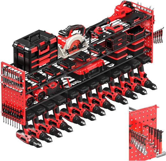Power Tool Organizer Wall Mount with 12 Drills Holder, 49" Heavy Duty 4-Tier Power Tool Storage Rack, DIY Pegboard Side Panels,4 Long Hooks, Garage Metal Tool Shelf for Battery,Drills