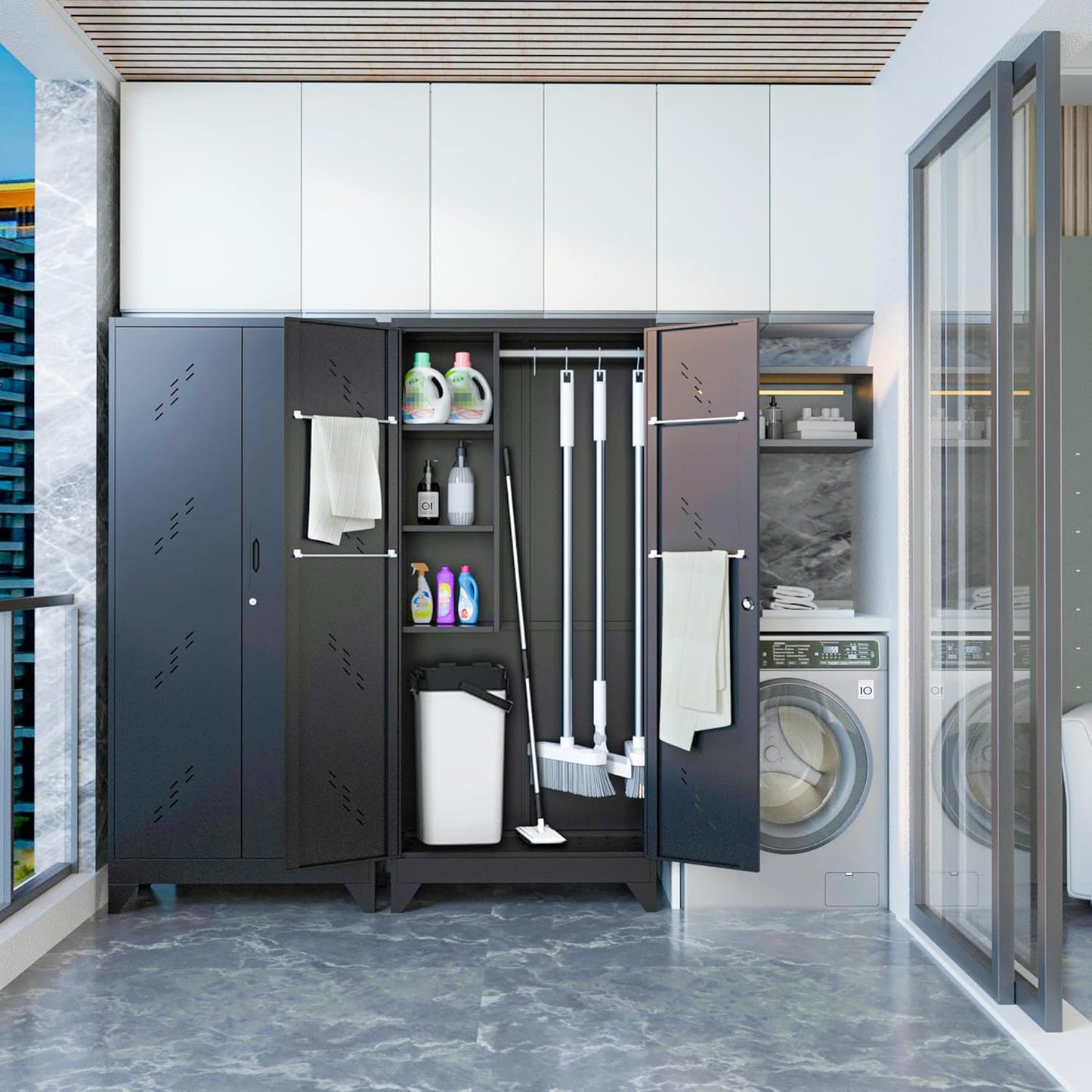 75" Taller Metal Garage Storage Cabinet,Tool Chest, Large Office Storage Cabinet with Lock Doors, Stainless Steel Bottom Plate with Holes,Utility Room Organization(H75* D16.53*L33.85)(Black)