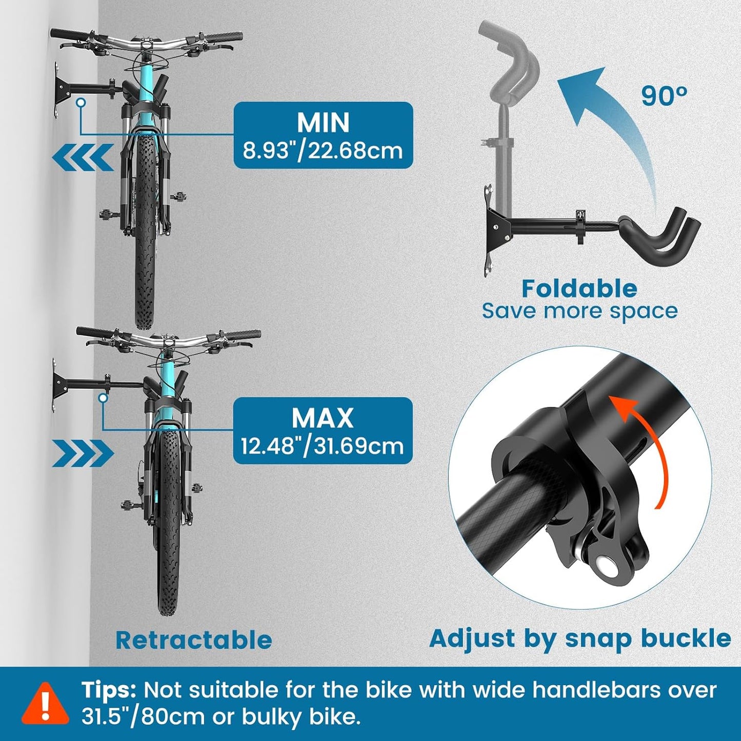 Bike Wall Mount - [4 Pack] EVA Foam Padded up to 48.5 lbs, Carbon Steel, Valve Mechanism, Heavy-Duty Adjustable Bike Wall Hanger for Road, Mountain and Hybrid Bikes, Garage & Apartment