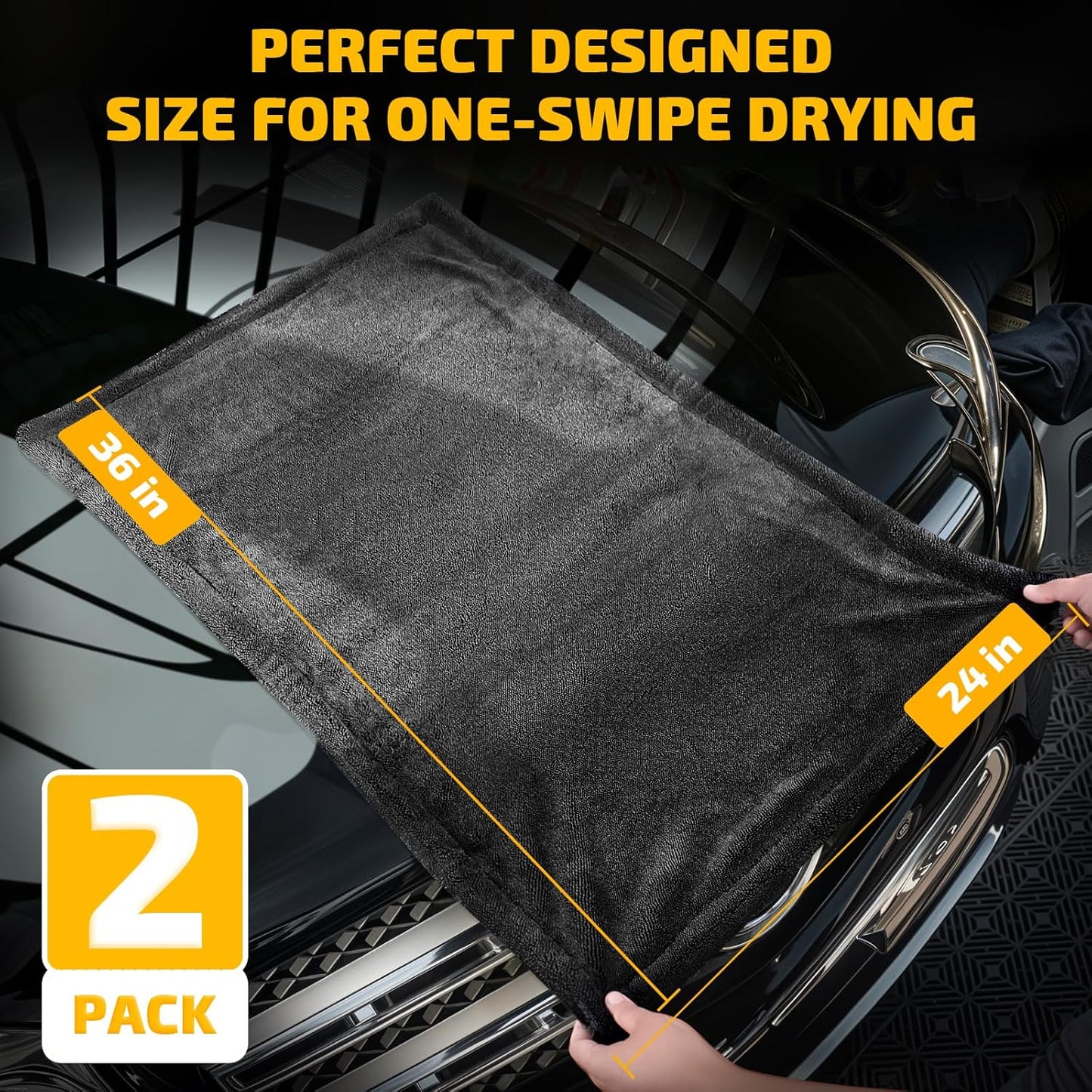 2-Pack 1200 GSM Car Drying Towels – Microfiber Towels for Cars (36" x 24"), Ultra-Absorbent, Streak-Free, Scratch-Free, No Water Spots, Double-Twist Pile & Edgeless Design