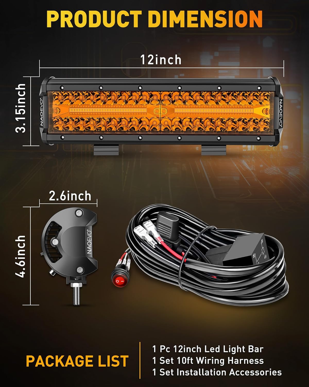 NAOEVO 12 Inch LED Light Bar, 300W 30000LM LED Offroad/Driving/Fog Lights with Wiring Harness Kit, Spot Flood Work Lights for Truck UTV ATV Golf Cart Boat, 1 Pc (Amber)