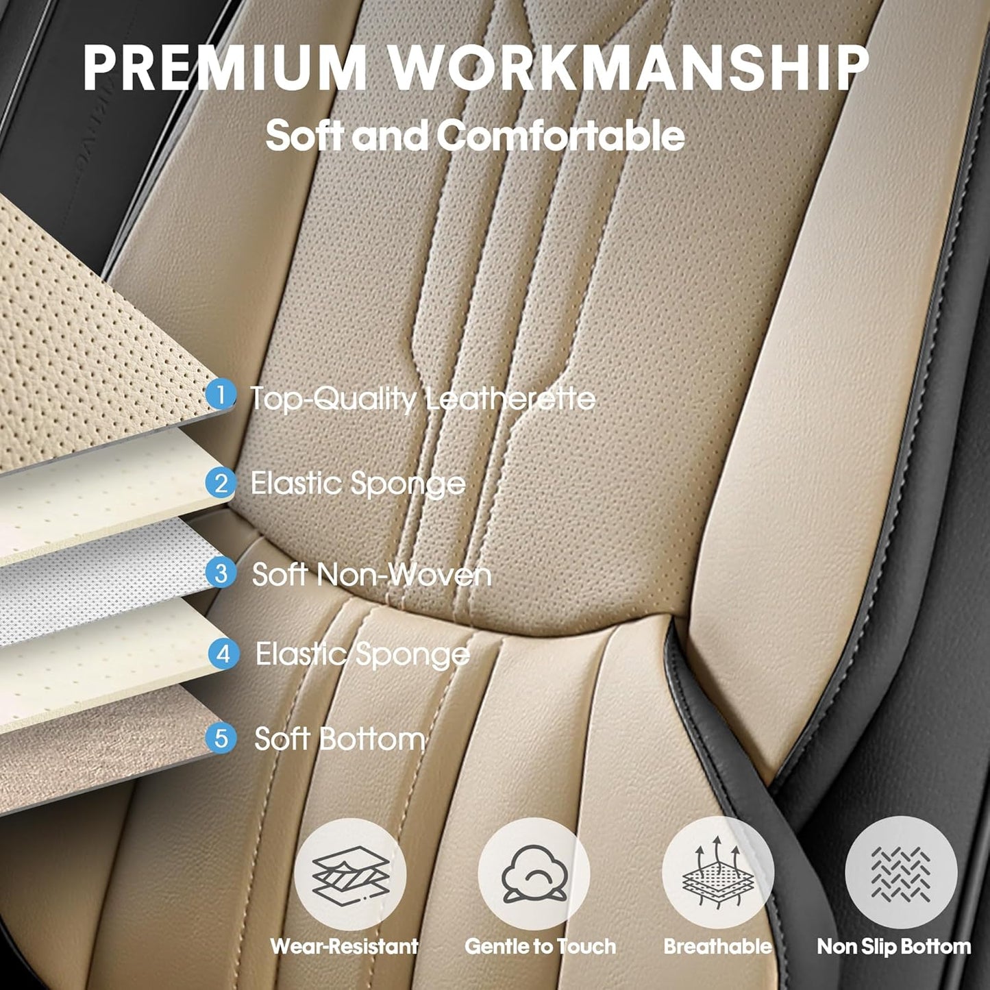 AOOG Car Seat Covers Full Set, Leather Seat Covers for Car, Waterproof Car Seat Protector with Lumbar Support, Automotive Seat Covers Universal Fit for Most Cars SUV Trucks (Full Set, Beige&Black)