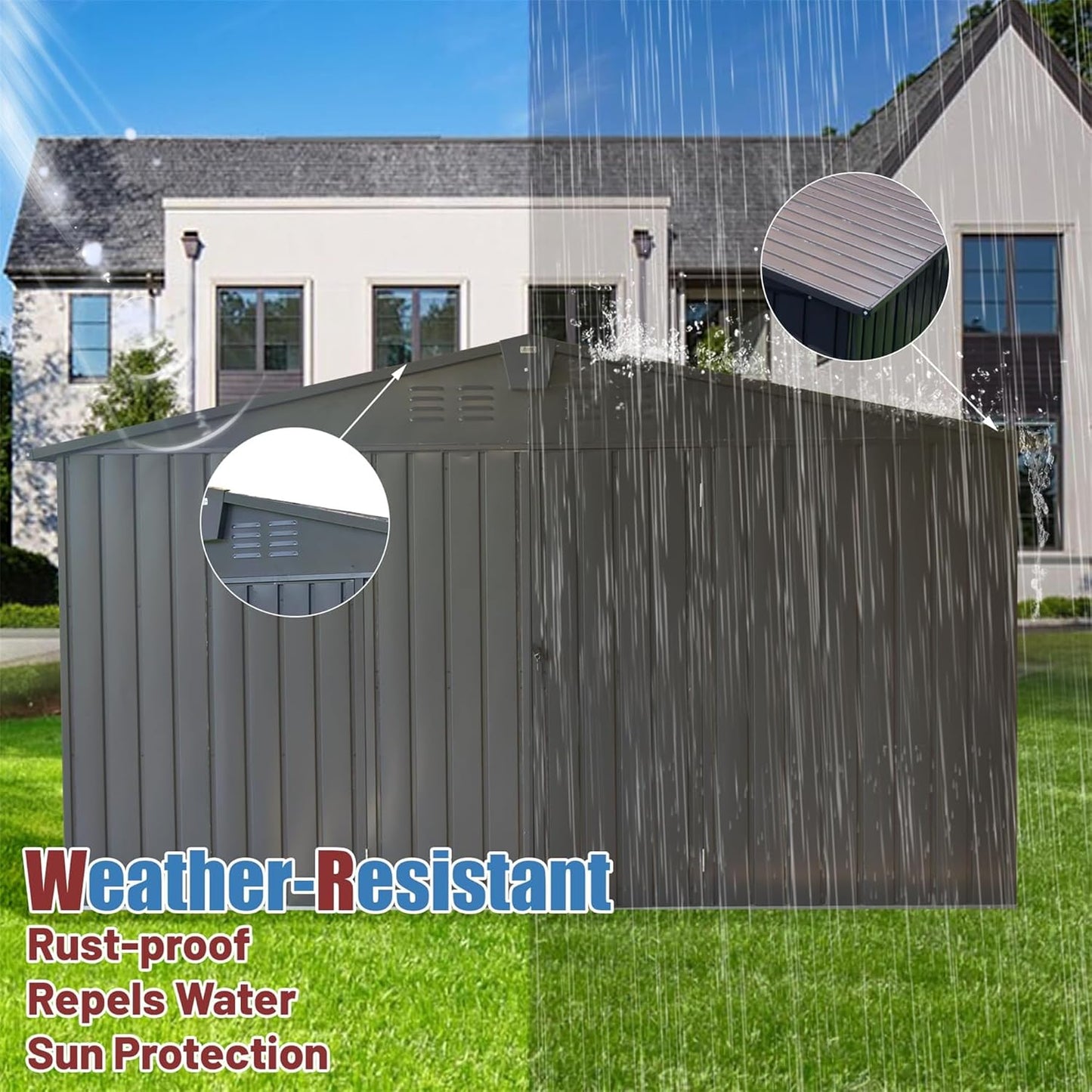 IKERY Extra Large Galvanized Steel Storage Shed 11' x 12.5' with Windows & Lock - Garden & Utility Tool Shed for Backyard, Patio - Dark Gray