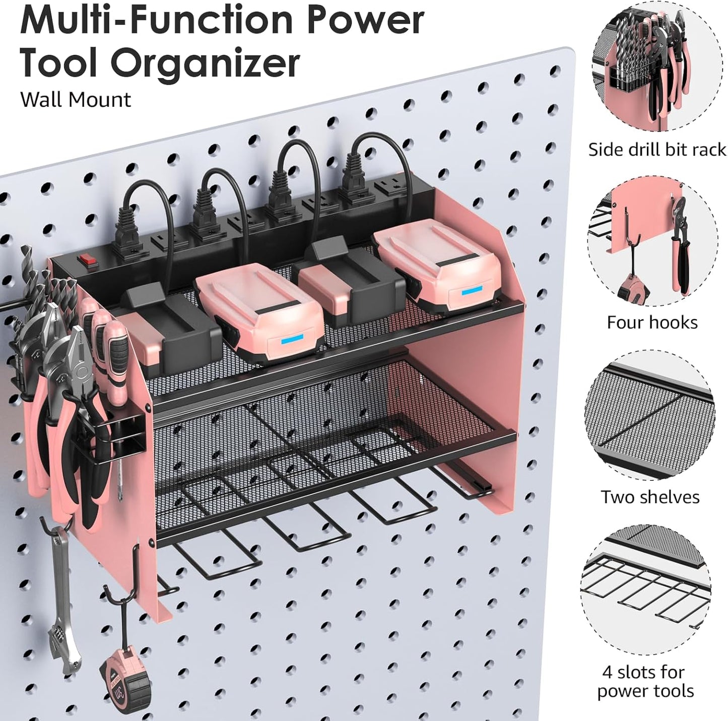 CCCEI Modular Power Tool Organizer Wall Mount with Charging Station. Garage 4 Drill Storage Shelf with Hooks, Drill Bit Heavy Duty Rack, Pink Tool Battery Holder Built in 8 Outlet Power Strip.
