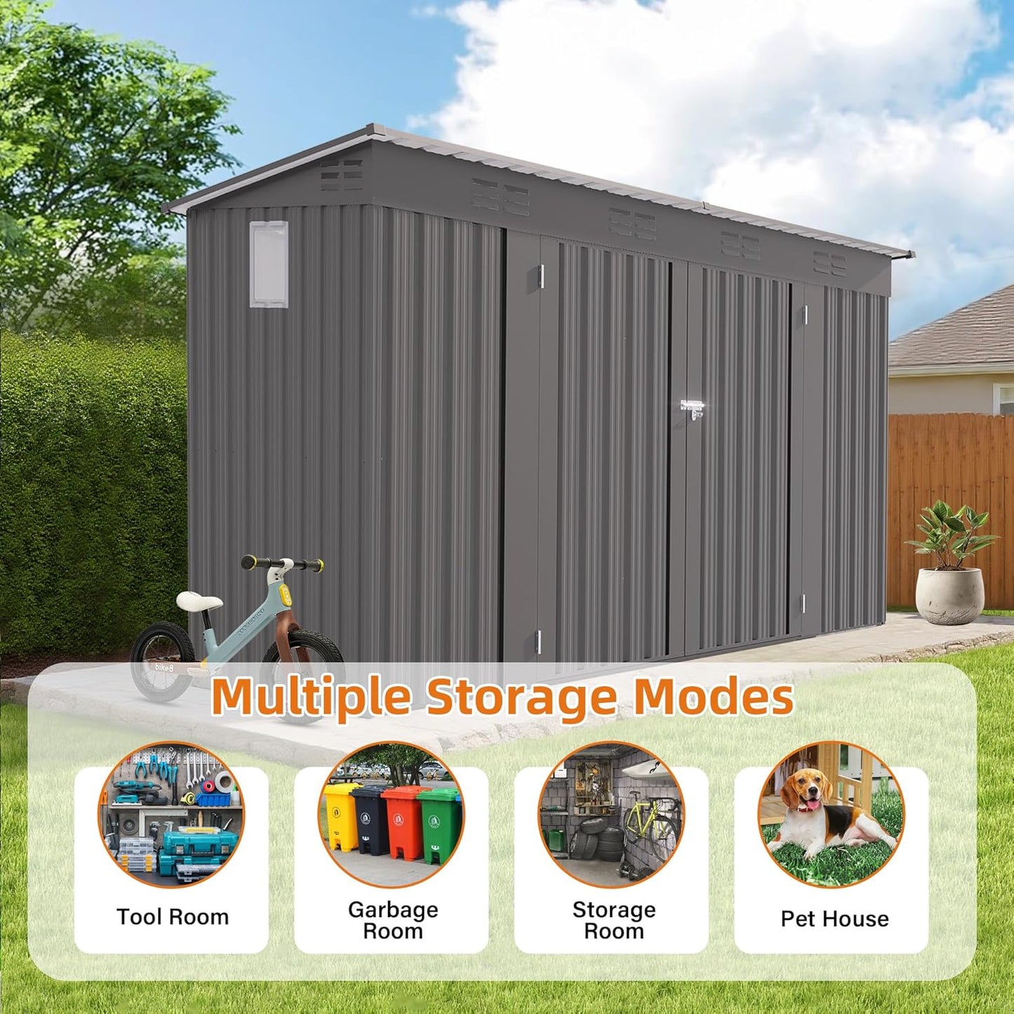 9x4 FT Lean to Shed with Window, Metal Sheds & Outdoor Storage with 6 Vents and 2 Swing Doors, Outdoor Storage Shed Waterproof for Backyard, Garden, Patio, Gray