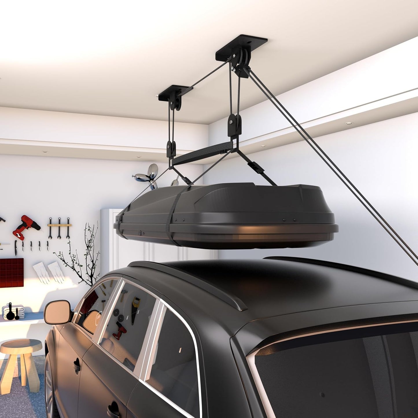 Cargo Box Pulley System for Garage Storage, Heavy-Duty Kayak/Canoes/Bikes/Ladders Ceiling Hoist, Hold Up to 150 lbs Capacity, Fit 10-18 Foot Ceilings, Black