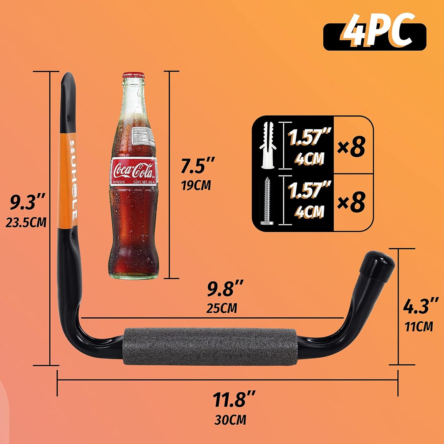 HUHOLE Ladder Hooks for Garage Wall, Wall Mount Ladder Brackets with 9.8" Jumbo Arm, Utility Hooks for Bike, Folding Chair, Bulk Items