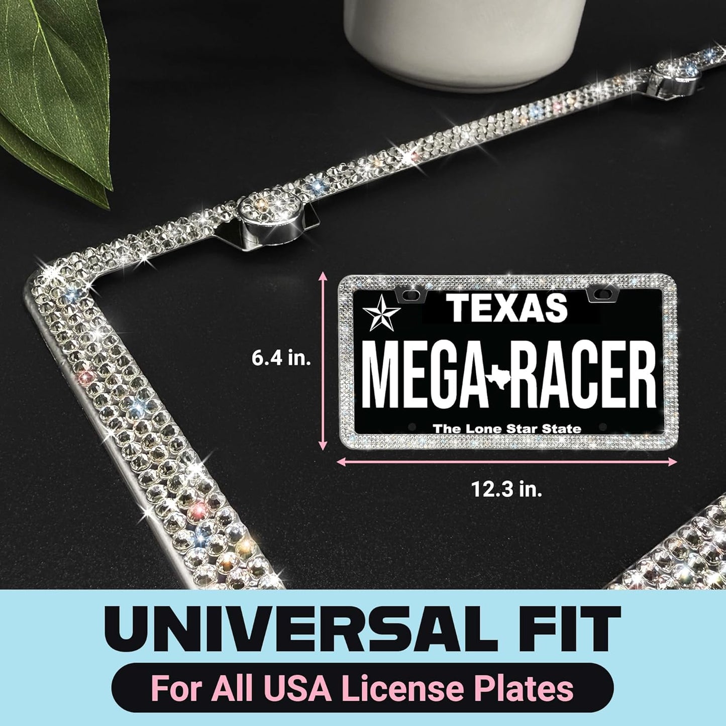 Dazzling Bling License Plate Frame for Women - 1 Pack, 800 Premium Rhinestones, Rust-Free Stainless Steel, Street Legal Slim Design, Sparkly Diamond Car Tag Holder with Glitter Crystal Screw Covers